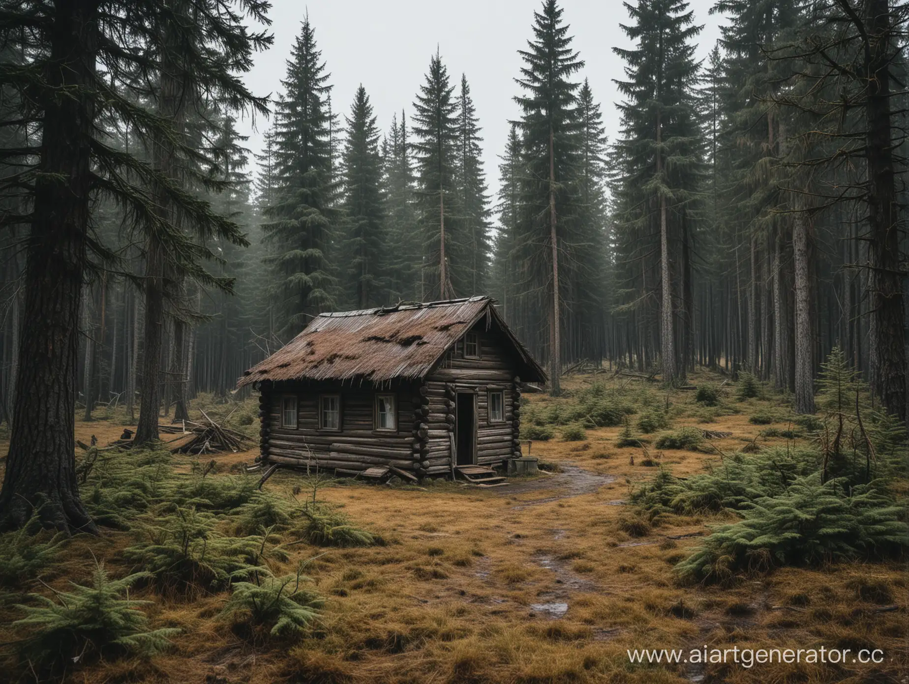 dark and eerie spruce forest with a dilapidated cabin in the center. The trees are tall and foreboding, and the ground is covered in a thick layer of wet needles. The cabin is surrounded by strange and disturbing creatures. Rogachevo Village