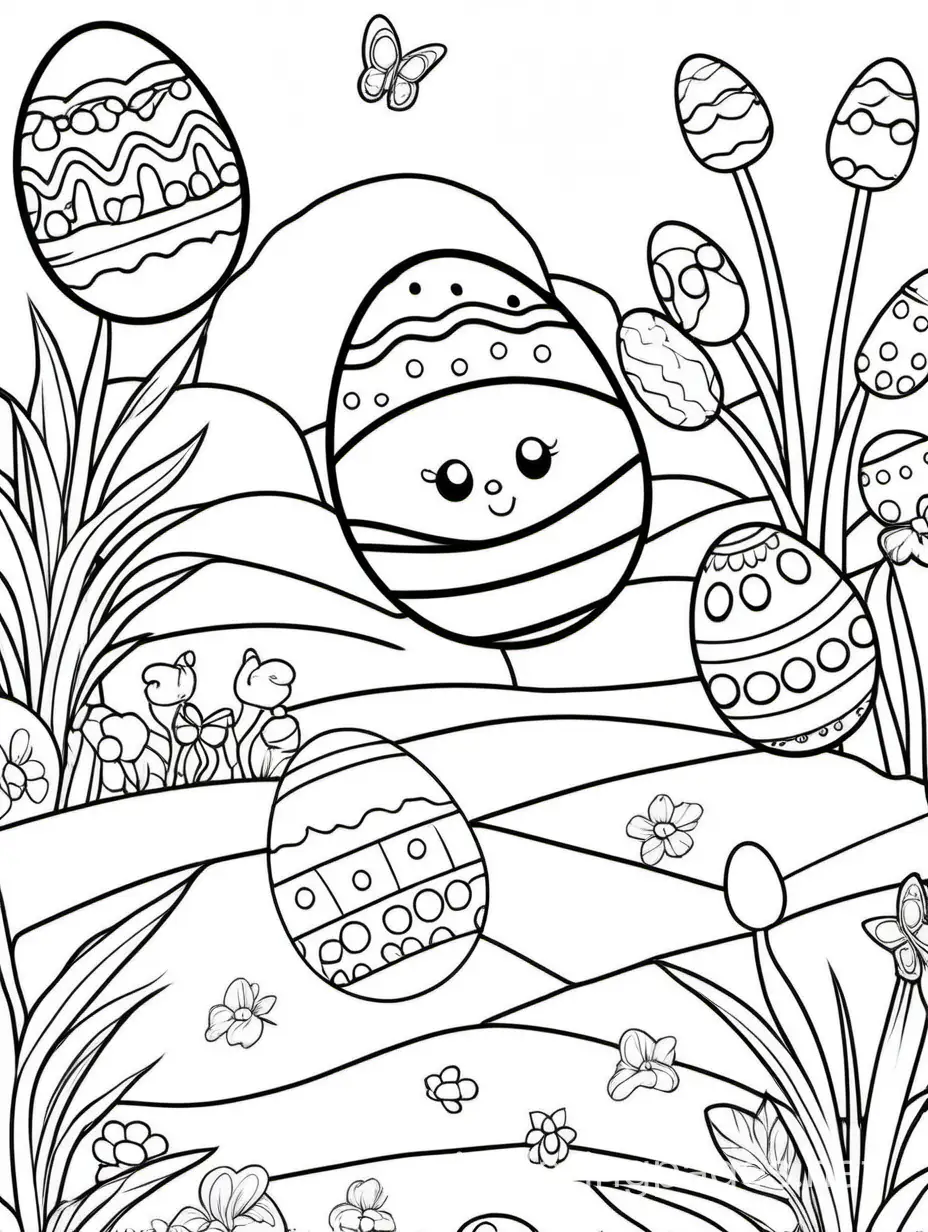 Cute Easter coloring book, Coloring Page, black and white, line art, white background, Simplicity, Ample White Space. The background of the coloring page is plain white to make it easy for young children to color within the lines. The outlines of all the subjects are easy to distinguish, making it simple for kids to color without too much difficulty