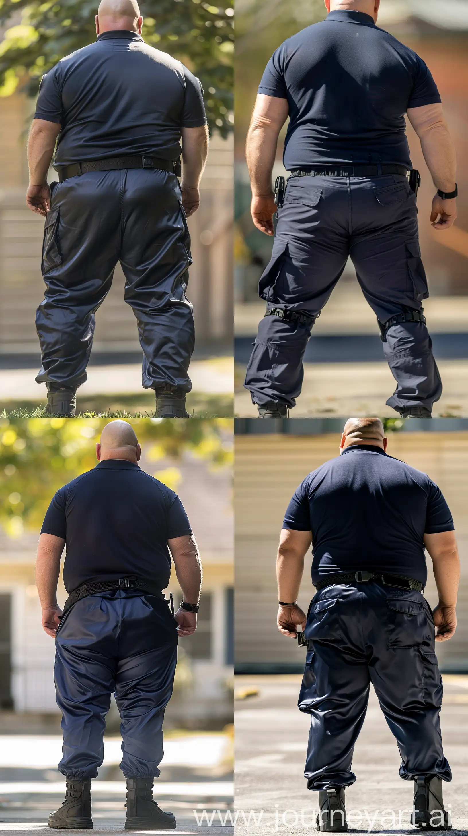 Close-up full body back view photo of a very fat man aged 60. The man is wearing silk navy tight stretched battle pants tucked in black tactical boots, tucked in silk navy sport polo shirt and a black tactical belt. The man is standing straight and has one leg placed in front of the other. Outside. Bald. Clean Shaven. Natural light. --ar 9:16
