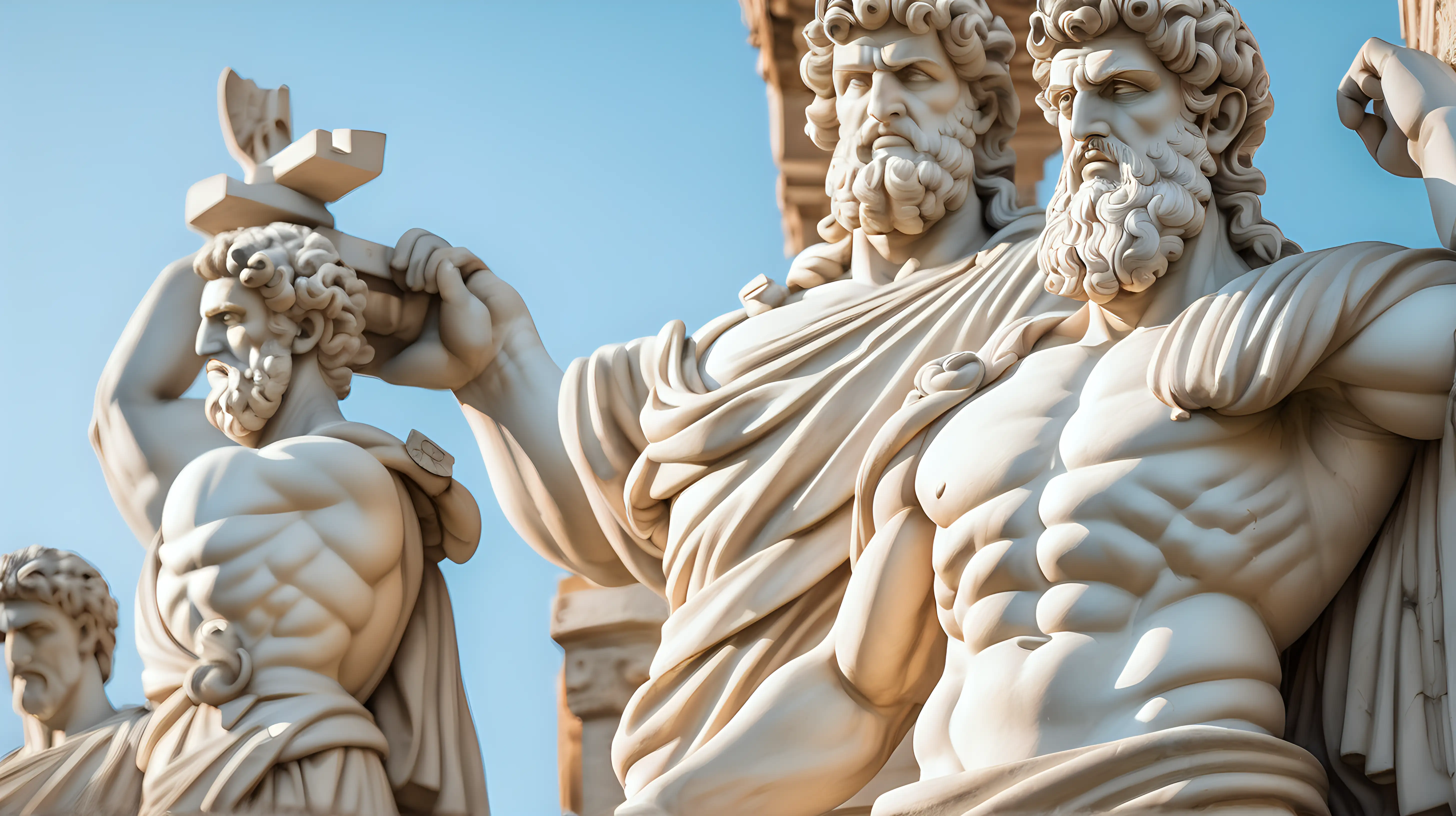 Stoicism, Motivation, stoic muscular statues outside, stoic background horizontal. the statue should be looking at the ancient city