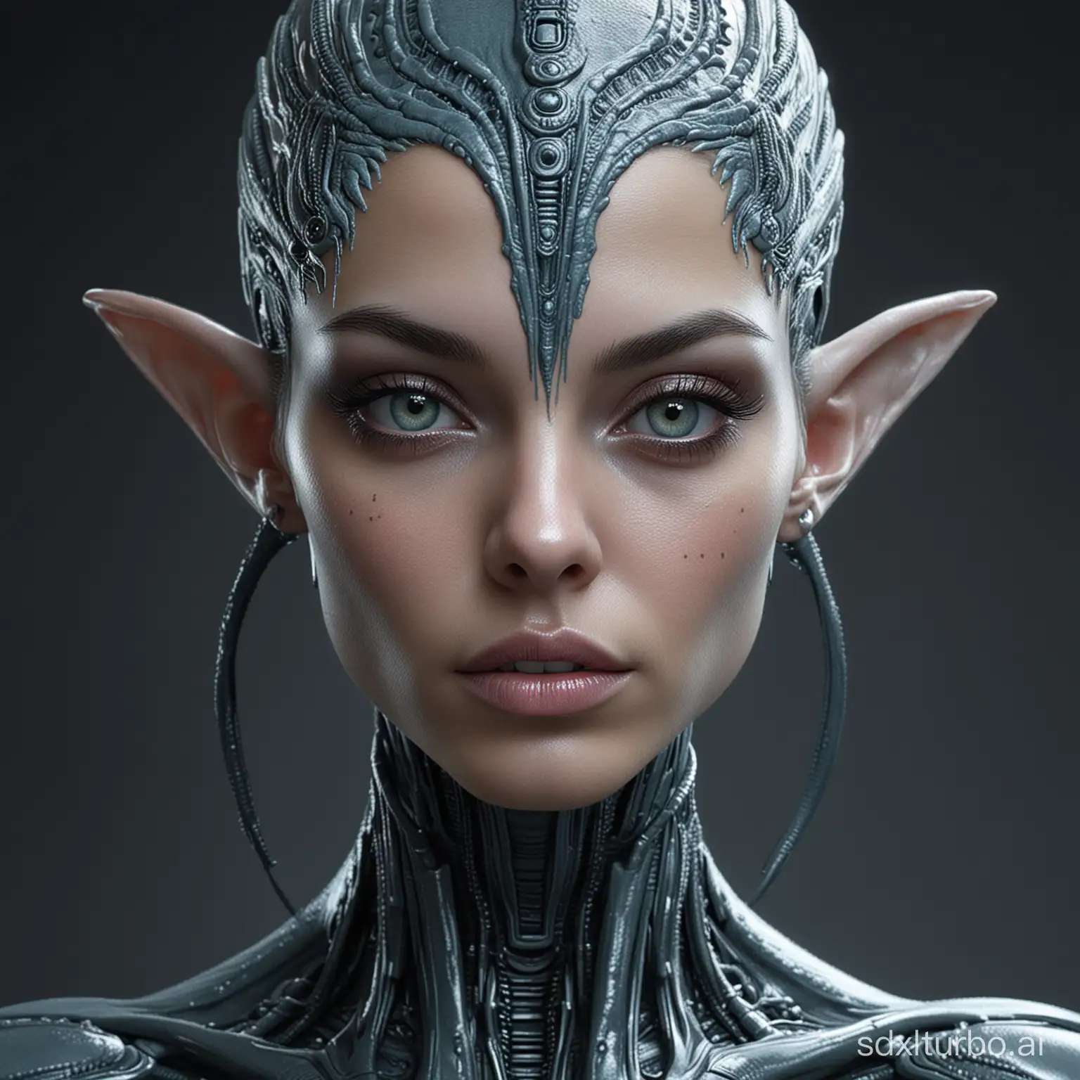 hyper realistic portrait photo of a sublime and gorgeous  very young ALIEN woman ,  with creative, amazing and original makeup ! Very photorealistic !