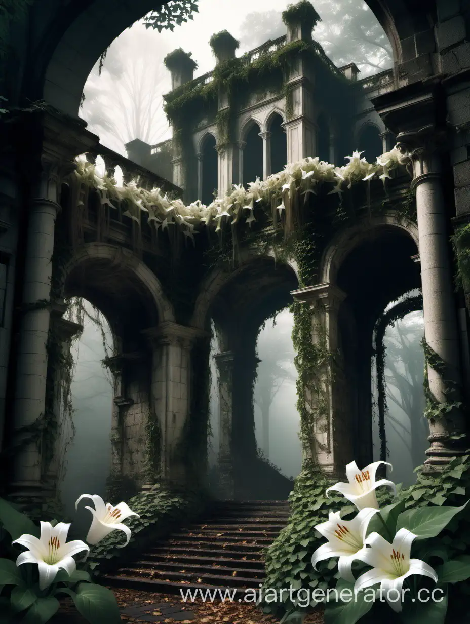 Dark-Elf-Amidst-IvyLaden-Palace-Ruins-with-White-Lilies