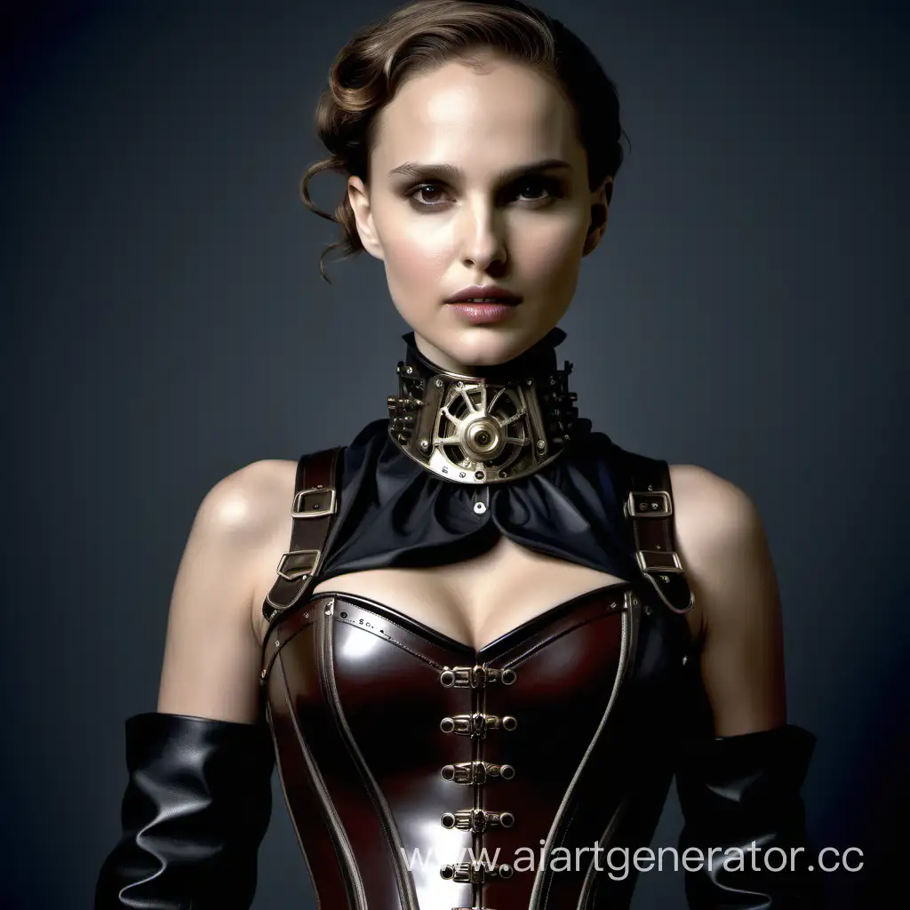 natalie portman wearing a steel extreme hourglass figure corset, steel collar, latex, steampunk