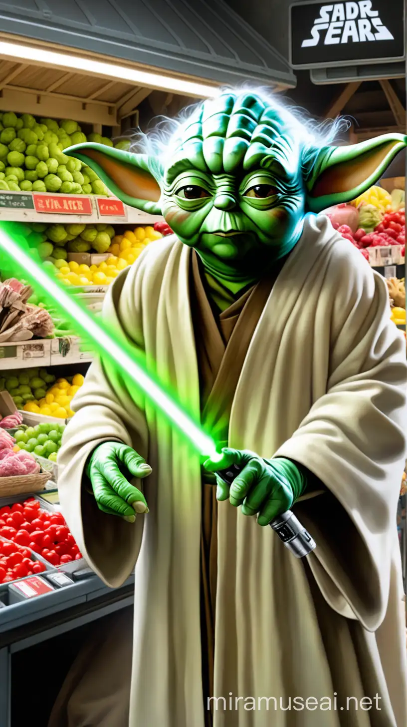 Yoda at a Futuristic Bazaar Selling Laser Swords