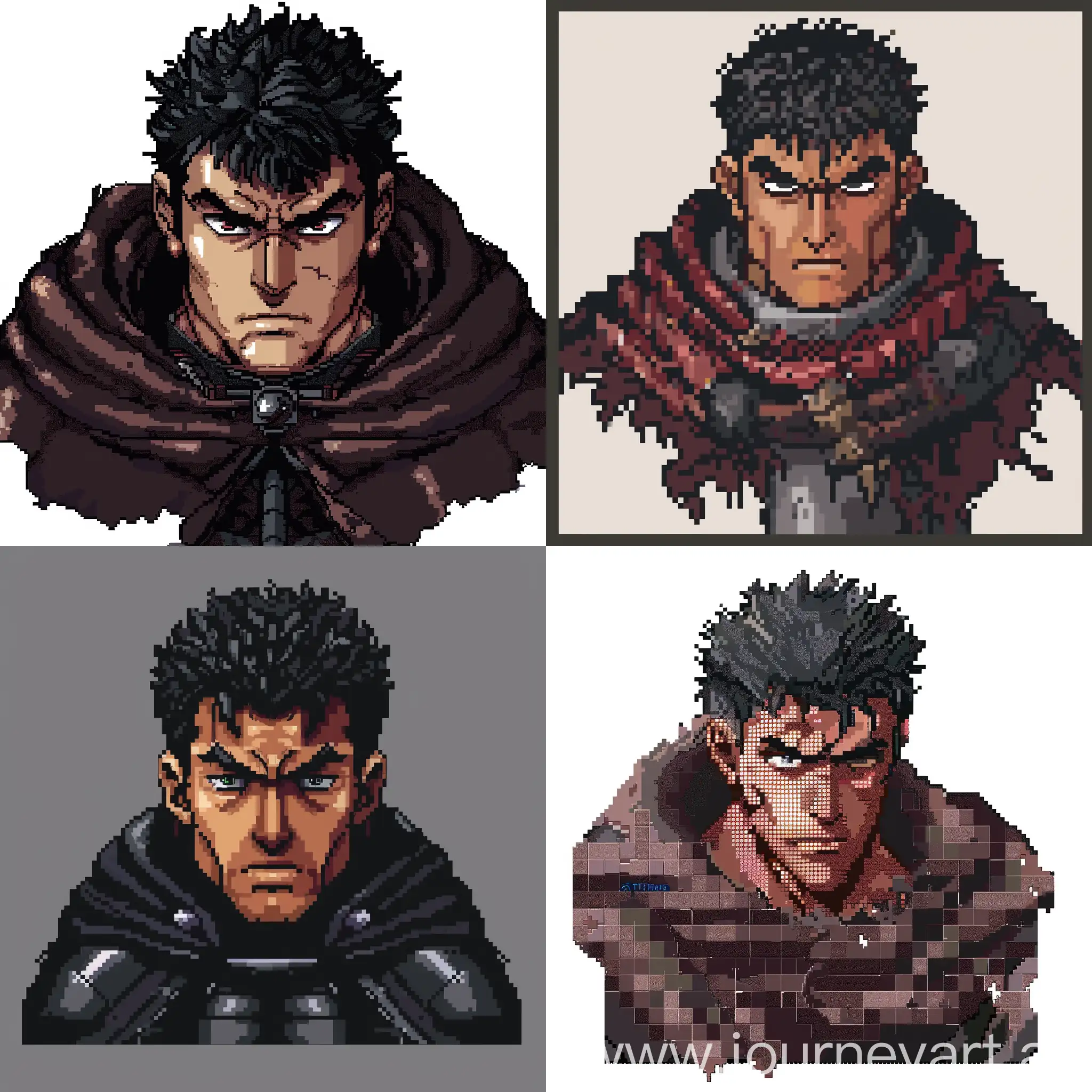 Draw me a logo for my YouTube, Twitch channel, and TikTok. Use the character Guts from the anime Berserk as a basis. I want the logo to be pixelated. --v 6 --ar 1:1 --no 92292
