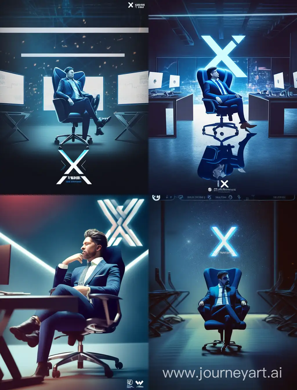 a handsome man sitting in an executive chair, with the logo of a social network "X", dark blue executive suit, his background is a mockup of his X profile, paid with the profile name "Angel", unique appearance and professional design and a profile image, cinematic lighting, 8k.