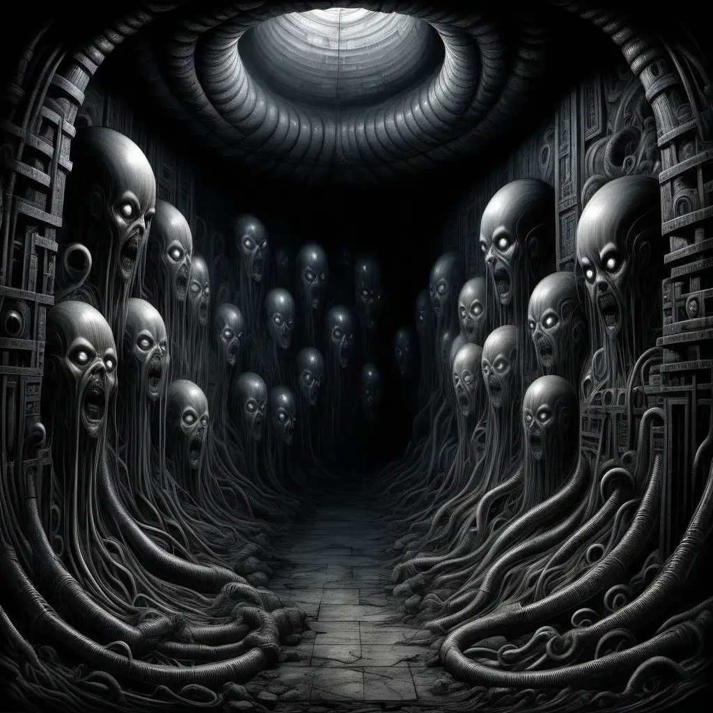 In the comic's backdrop, focus narrows to an intimate, small corner within the ancient temple. The melding styles of Junji Ito's eerie anime horror, H.R. Giger's biomechanical nightmares, and J.M.W. Turner's dramatic landscapes converge on this confined space. Dark rock walls absorb the muted palette inspired by Giger's art, while flickering torchlight casts ethereal shadows, intensifying the sense of enclosure. This tight focus captures the essence of suspense, as the small corner becomes the epicenter of the chilling narrative's unfolding secrets.