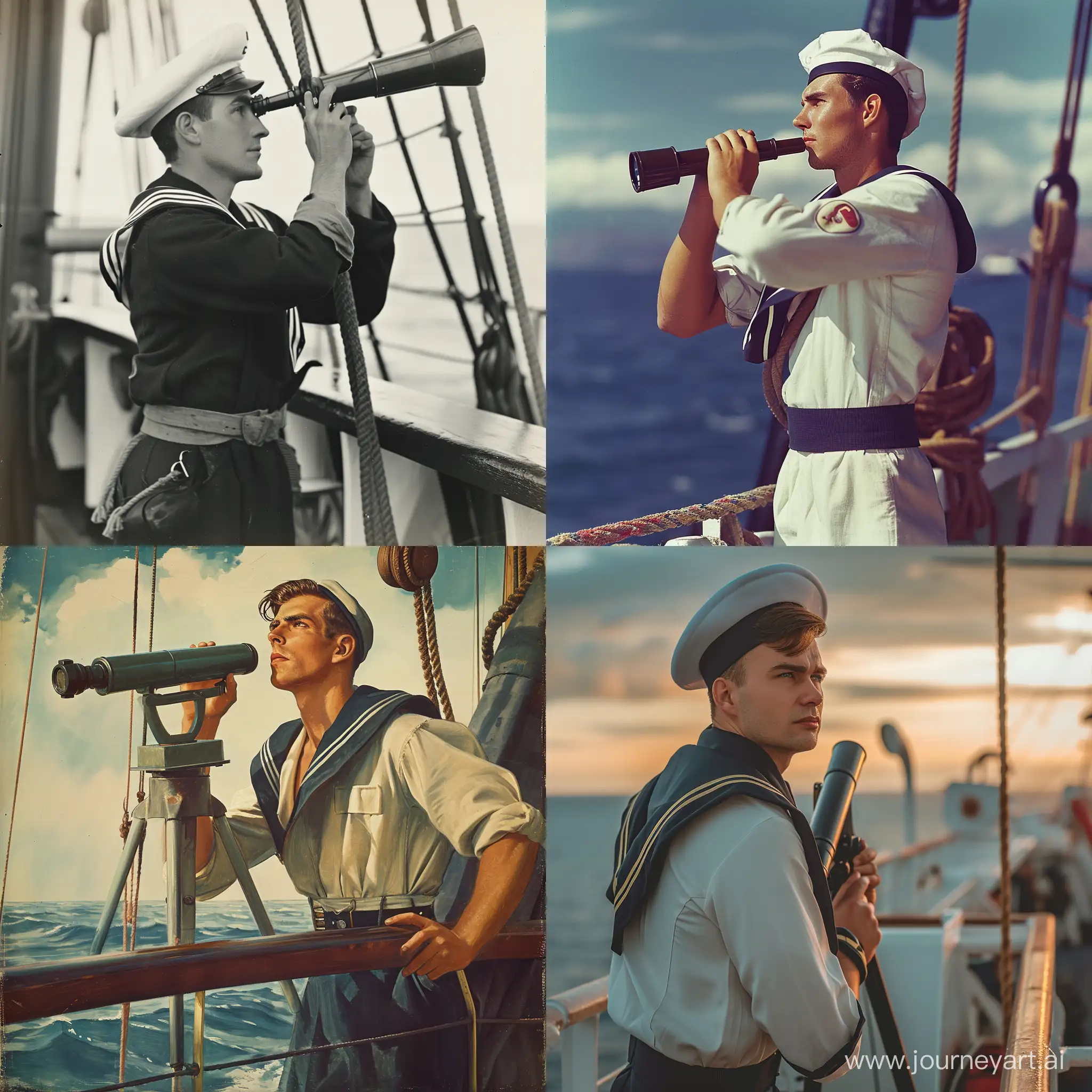 Handsome-Sailor-on-Ship-Gazing-at-Horizon-with-Telescope