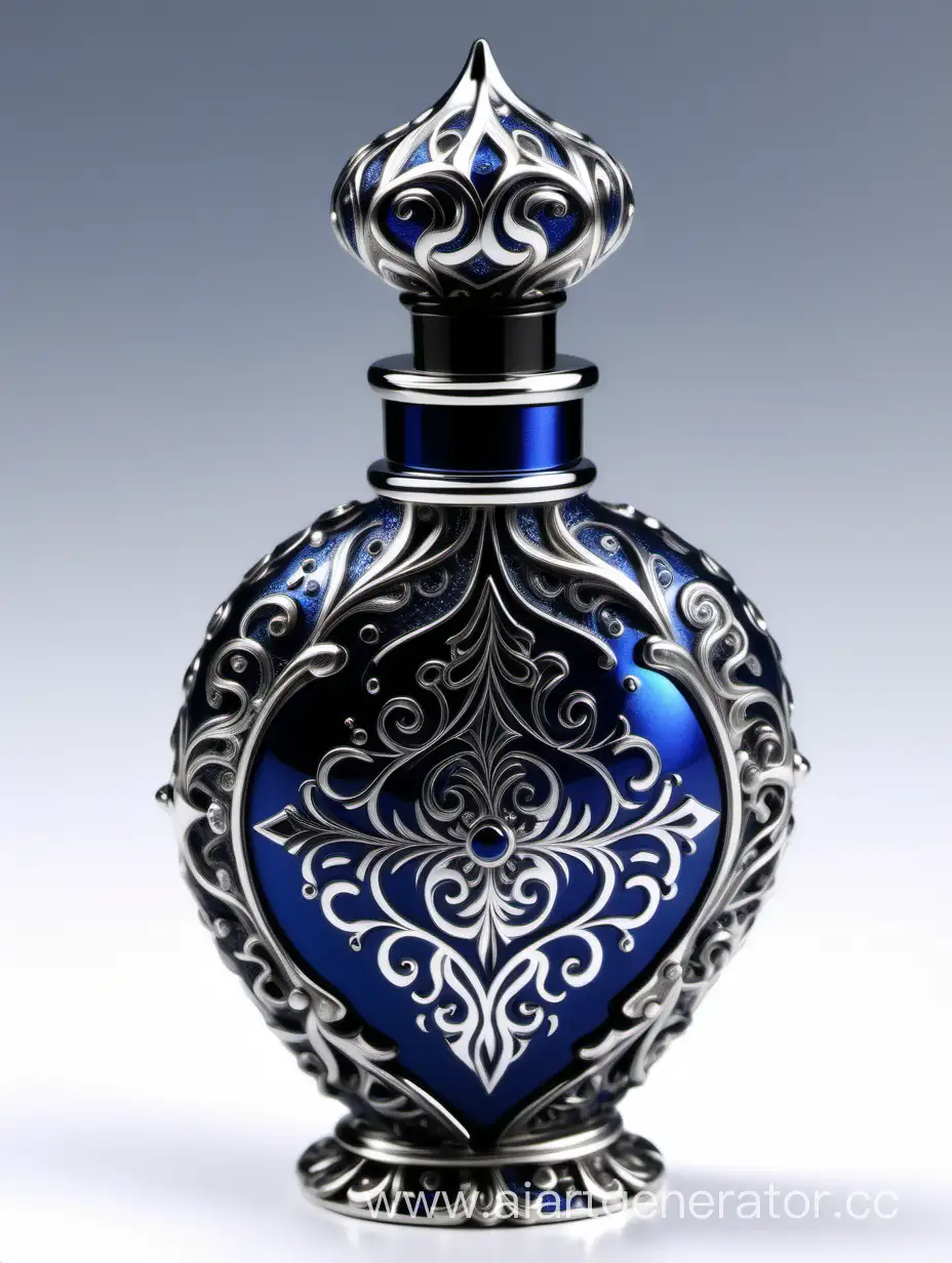 Incredibly detailed, elaborate, embellished potion bottle containing the elixir of life decorative ornamental Zamac Perfume cap, and bottle Dark blue, silver color with dark black square arabesque pattern shaped | metallizing finish