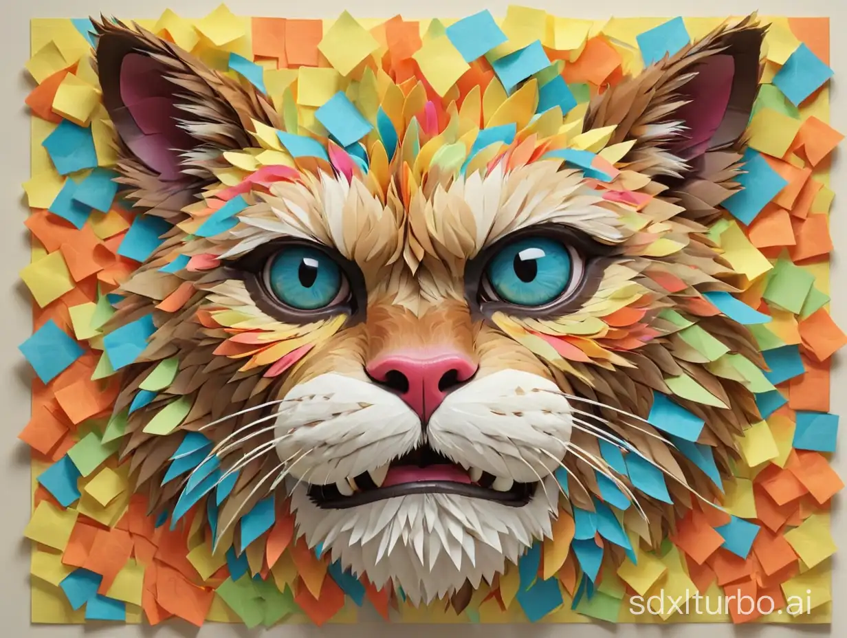 Generate an artistic image of a cat’s head made entirely of colorful post-it notes. The image should display the monkey’s head from the front, with a neutral expression. The post-its should be in various bright colors such as blue, red, green, yellow, and orange, arranged to form the contours and facial features of the cat, such as eyes, nose, and mouth. The texture of the post-its should be clearly visible, with slightly raised edges to create a three-dimensional effect.