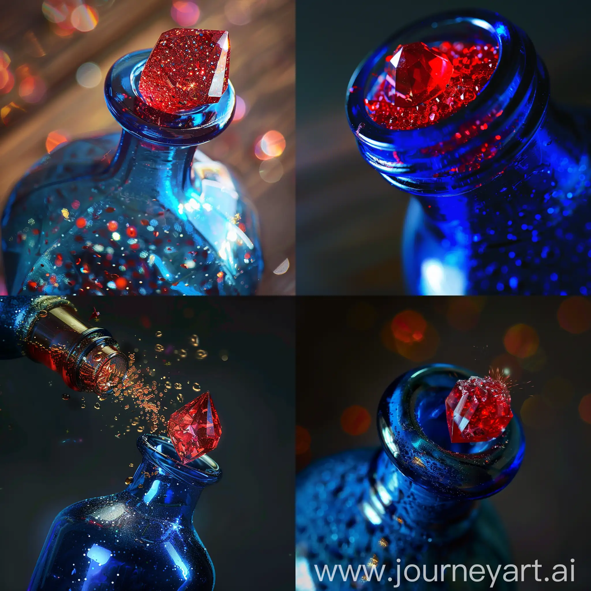 在一个装满灵丹妙药的蓝色瓶子的瓶口有一个闪闪发光的红色宝石