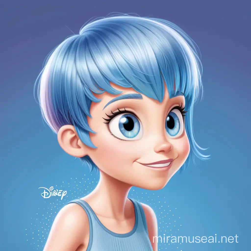 Joy from Inside Out disney,  full body, minimalist, vector art, colored illustration with a black outline.
Joy has light amber skin, a slender figure, and a head that is bigger than her body. She has shimmery, sky-blue hair in a pixie cut with bangs that silk down the left side of her face and a small tuft sticking up at the top near the reciting hairline. She has large, oval-shaped, azure blue eyes with a thick, dark-blue liner running along the top of each eye. She has faint rosy cheeks, and her nose is round. Her lips are thin and salmon-pink in color.