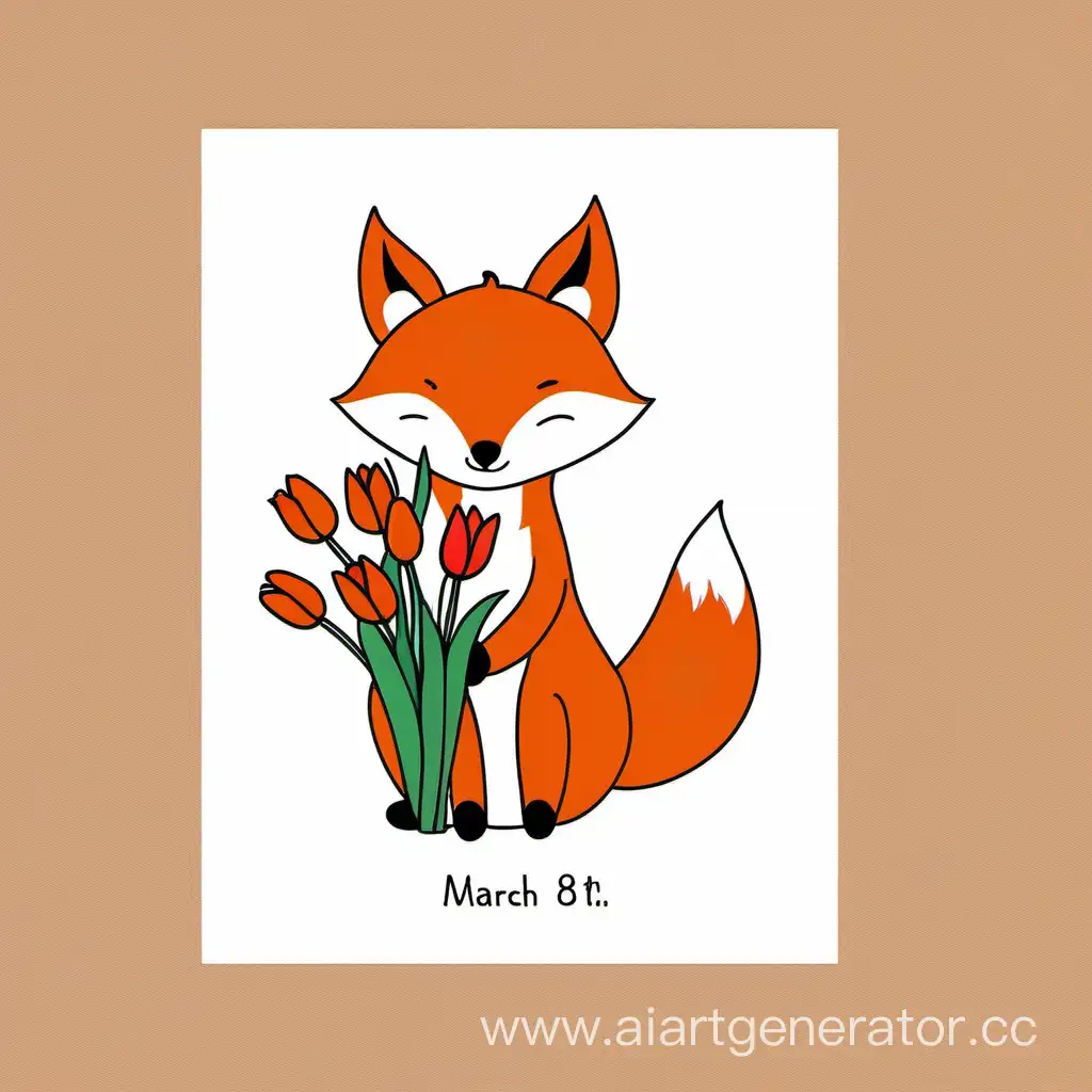 открытка, поздравление 8 марта, простая рисовка, лисенок держит тюльпаны