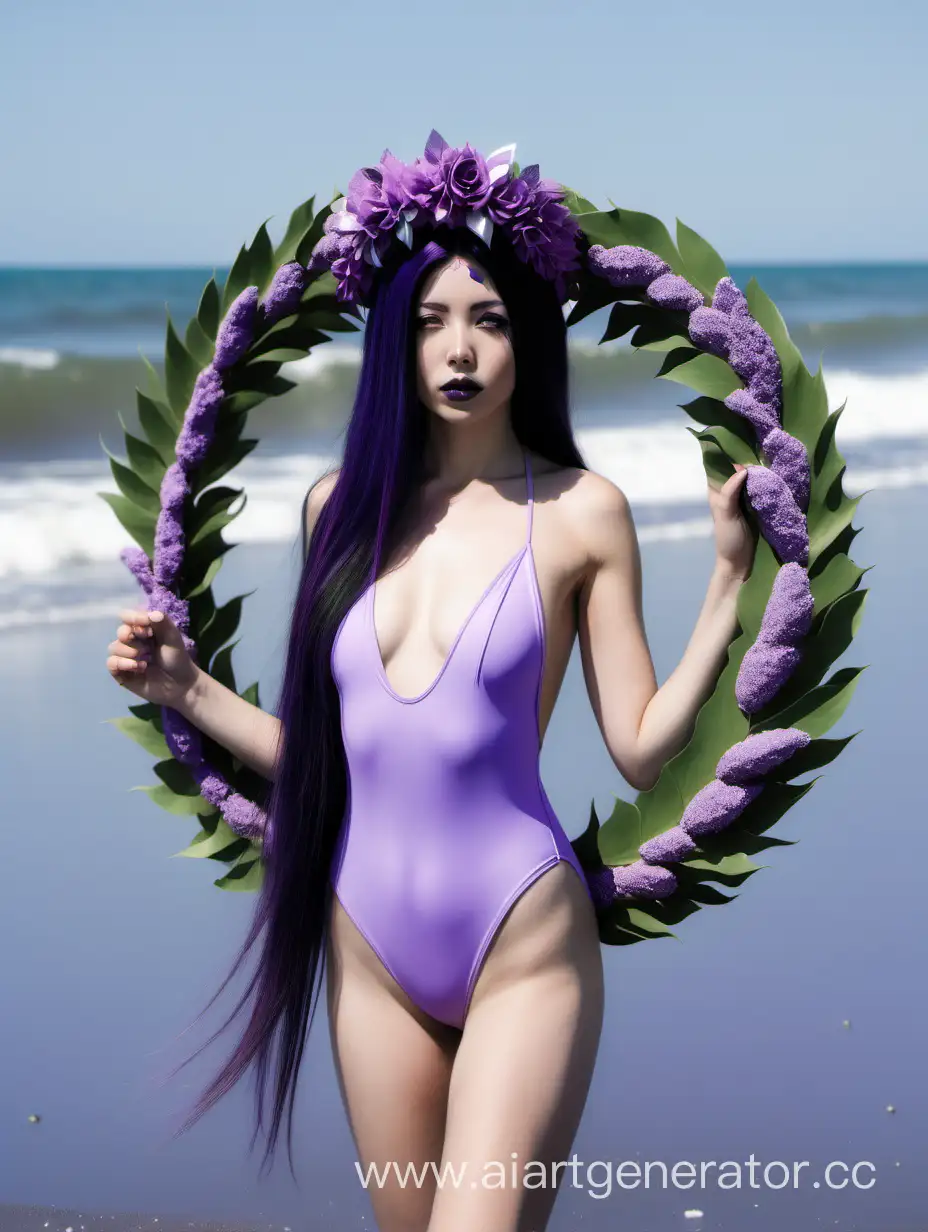 Enchanting-Beach-Portrait-Mysterious-Girl-in-Lavender-Swimsuit-with-Heterochromatic-Eyes-and-Wreath
