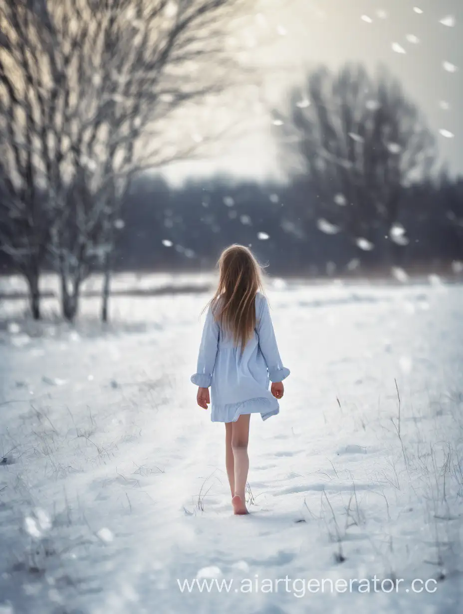 雪地中行走的赤脚漂亮女孩