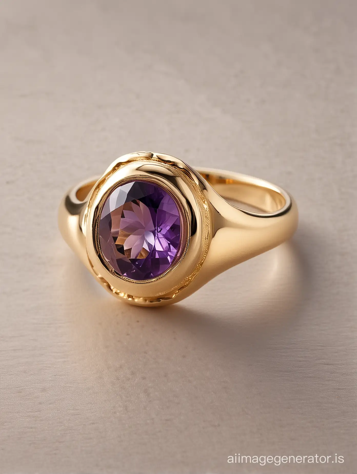 A minimalistic signet ring adorned with an amethyst gemstone in the center. The stone, known for its deep purple hue and calming effect, is perfectly faceted and appears to radiate a warm, iridescent glow. The ring's shank is elegantly simple, tapering slightly as it encircles the finger, showcasing the gemstone to perfection. A striking classic signet ring adorned with an amethyst gemstone in the center. The stone, known for its deep purple hue and calming effect, is perfectly faceted and appears to radiate a warm, iridescent glow. The gemstone is set directly into the metal.
The ring's shank is elegantly simple, tapering slightly as it encircles the finger, showcasing the gemstone to perfection.
The background is a pastel beige shade, reminiscent of golden hour sky sunset. 