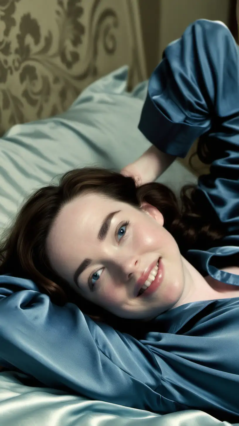 Anna Popplewell, angelic smile, lying on her back in bed, in very brightly bedroom, long sleeved grey blue stretch silky satin shirt blouse and black linen pencil very short 
