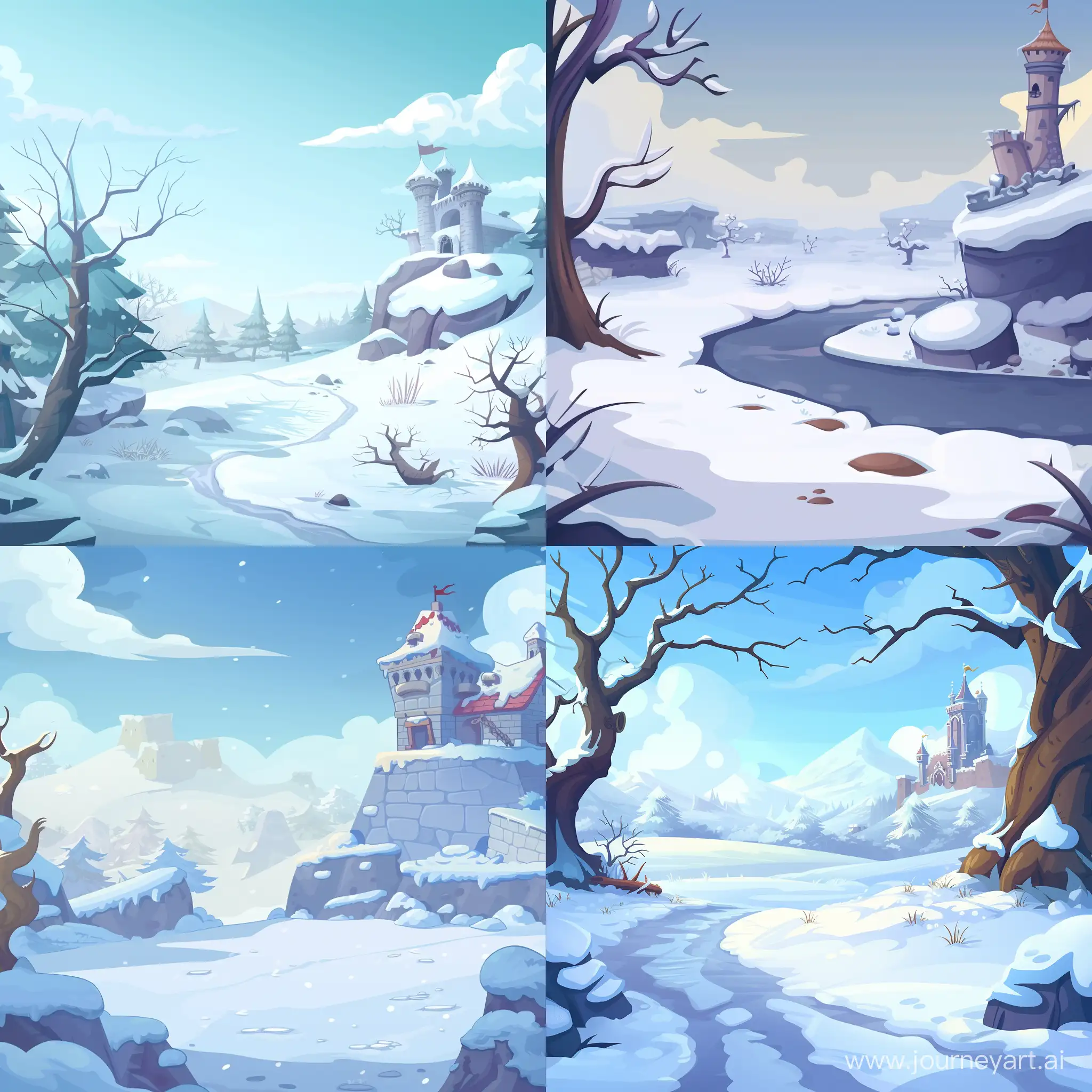 Нужно нарисовать задние фон для казуальной мобильный игры в мультяшном стиле, на заднике должна быть холодная зимняя локация, справа в углу должен виднеться небольшой замок
