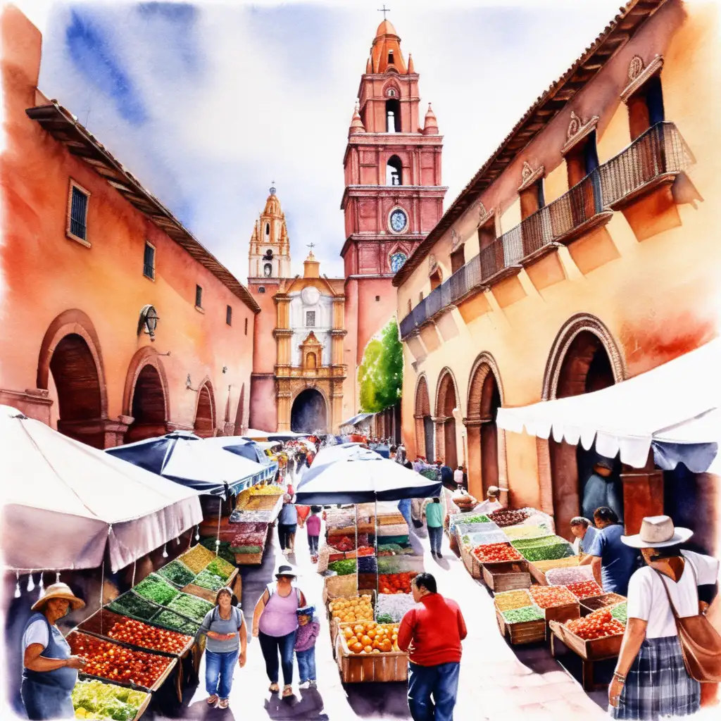 Vibrant Watercolor Market Scene in San Miguel de Allende
