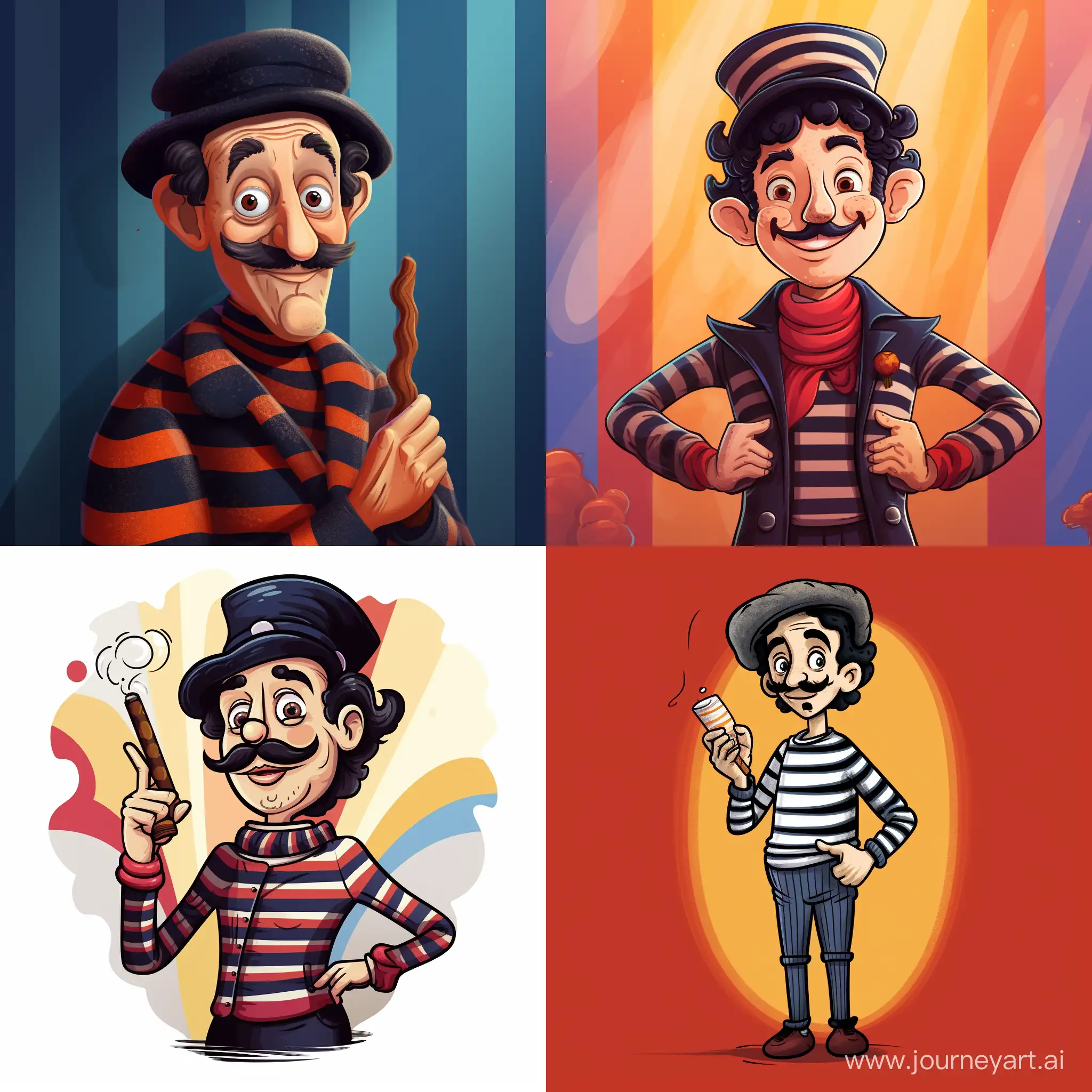 In a drawing cartoon art style. A character who is a caricature of the Frenchman with a baguette under his arm. The character has a beret and a striped sweater.