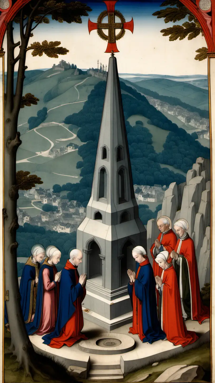 People at a mountaintop shrine, praying, wearing royal clothes, 15th century France setting