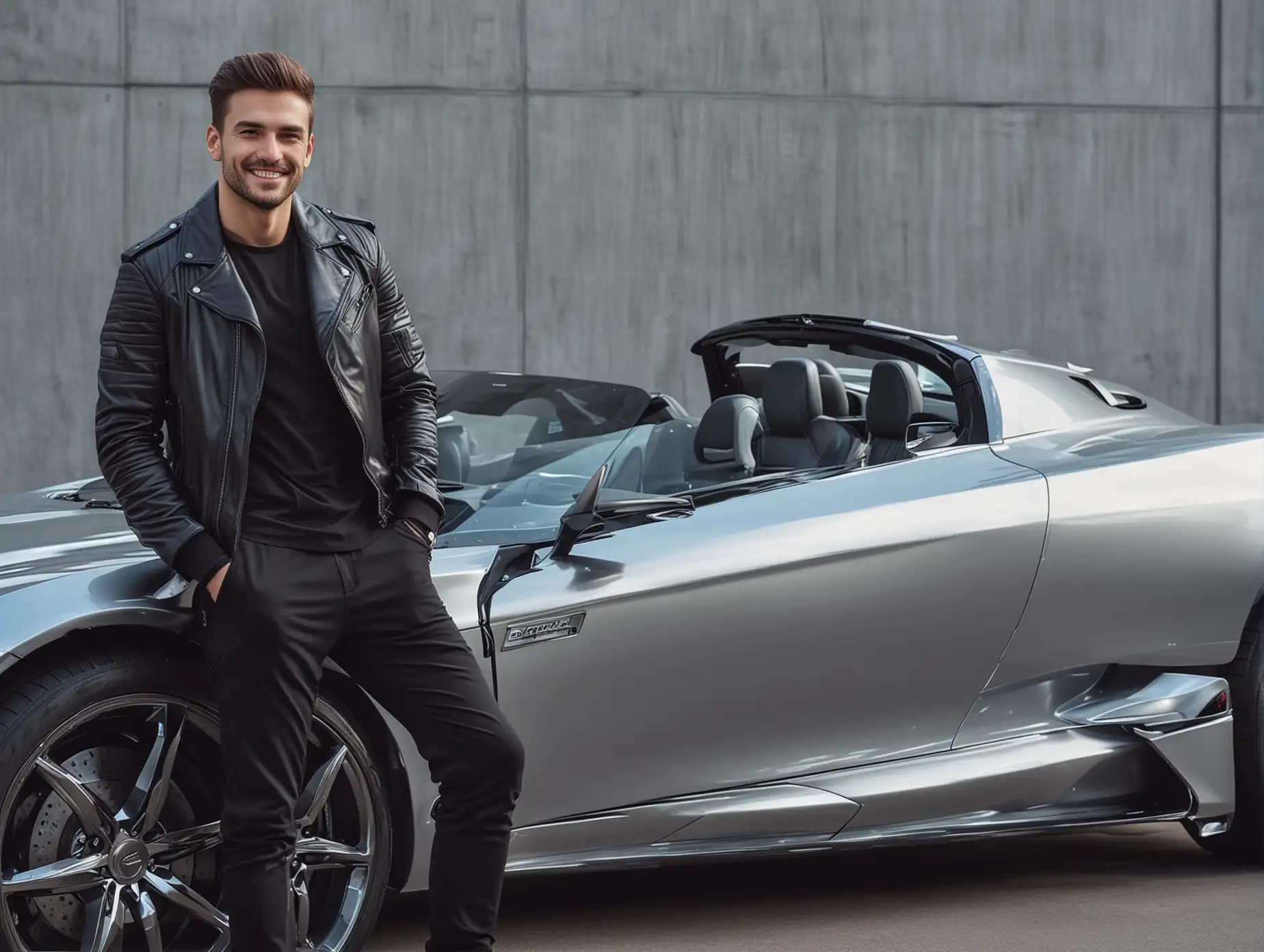 Man in Black Jacket Posing with Silver Sports Car Amid Futuristic Tech and Rocks
