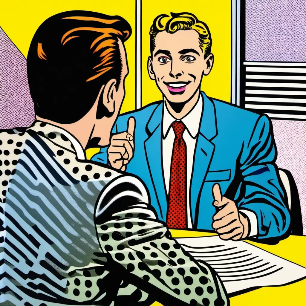 I would like a stunning painting of a male millennial management consultant happily speaking during a job interview, facing the viewer, with only the back of the interviewer visible, in the style of Roy Lichtenstein