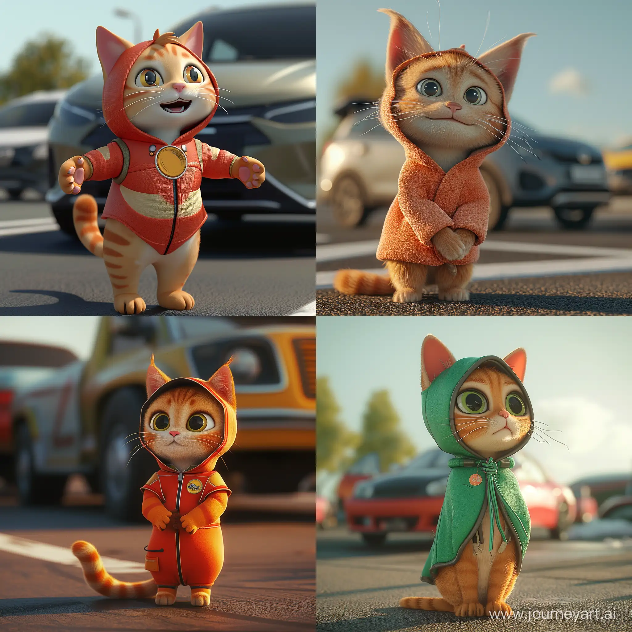 Создай мультяшного 3d кота в стиле pixar, в костюме на фоне машины 