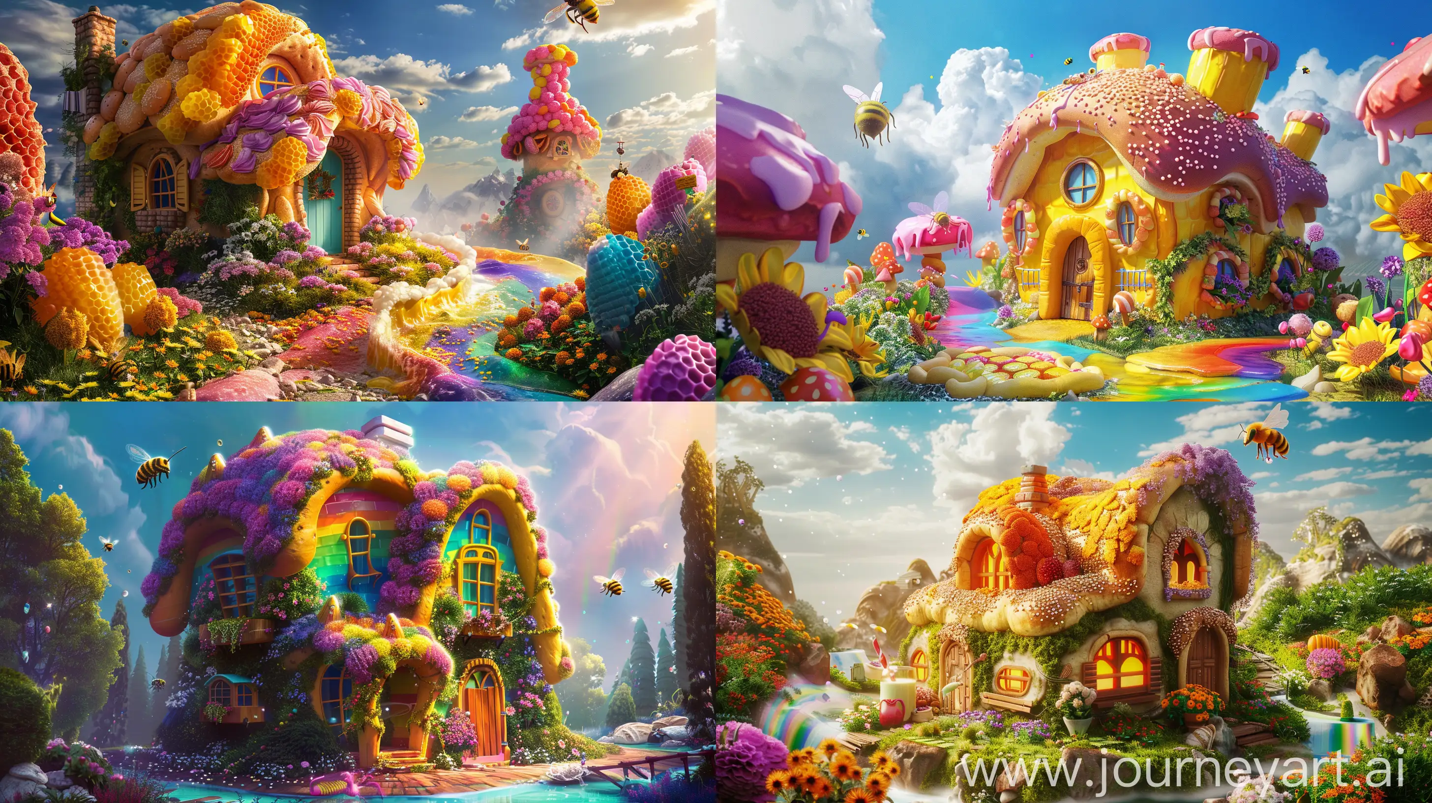 combination of paradise and bread house and rainbow milk and hive, colorful, beautiful, fantasy style, realistic --ar 16:9