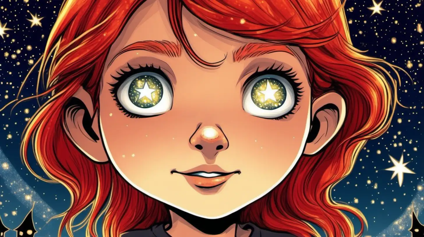 illustrate A close-up illustration of 10 years old red hair witch's sparkling eyes as she gazes up at the twinkling stars in the night sky.