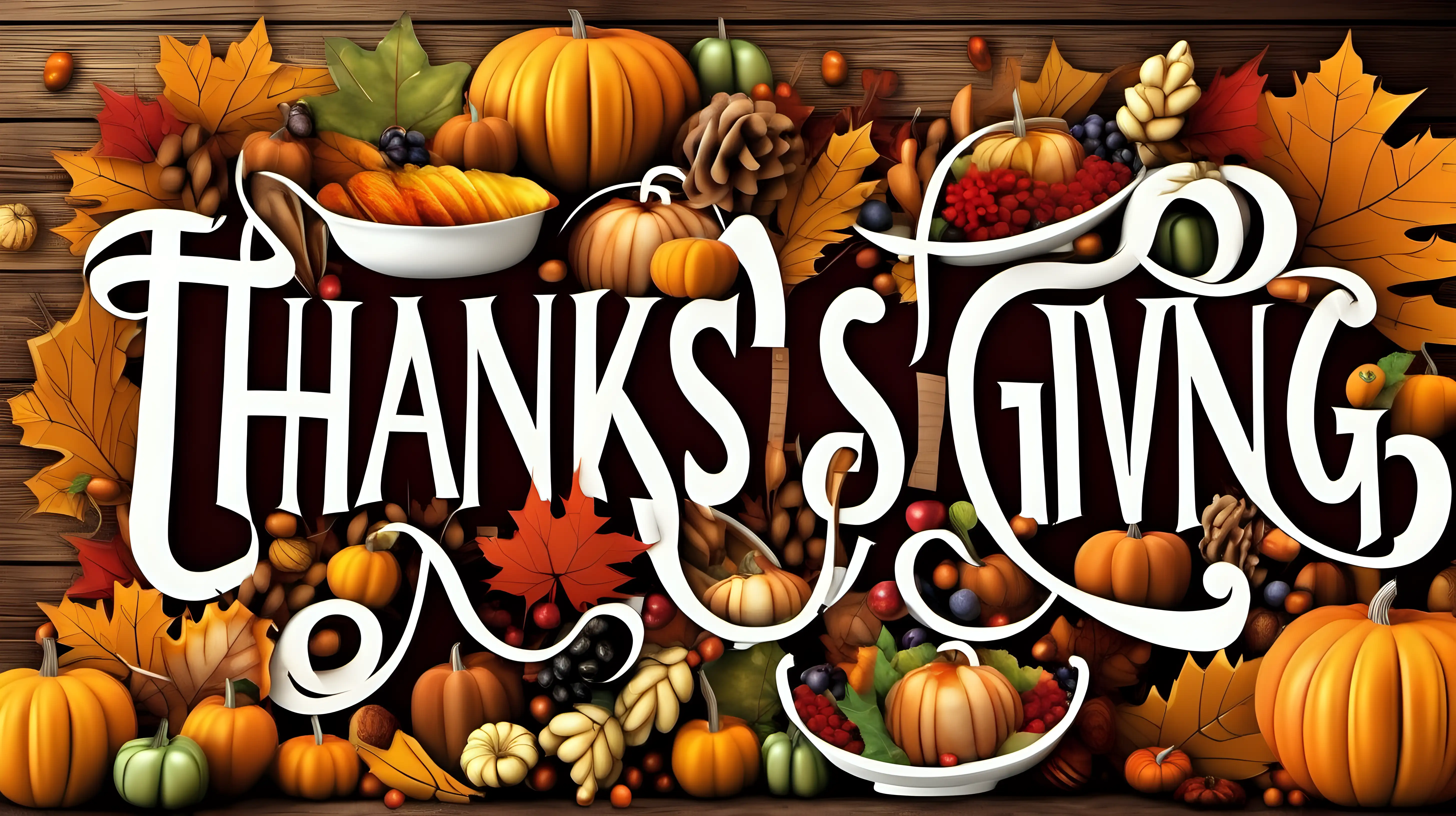 write happy thanks giving in the middle with beautiful style in large fonts and make few dishes around it