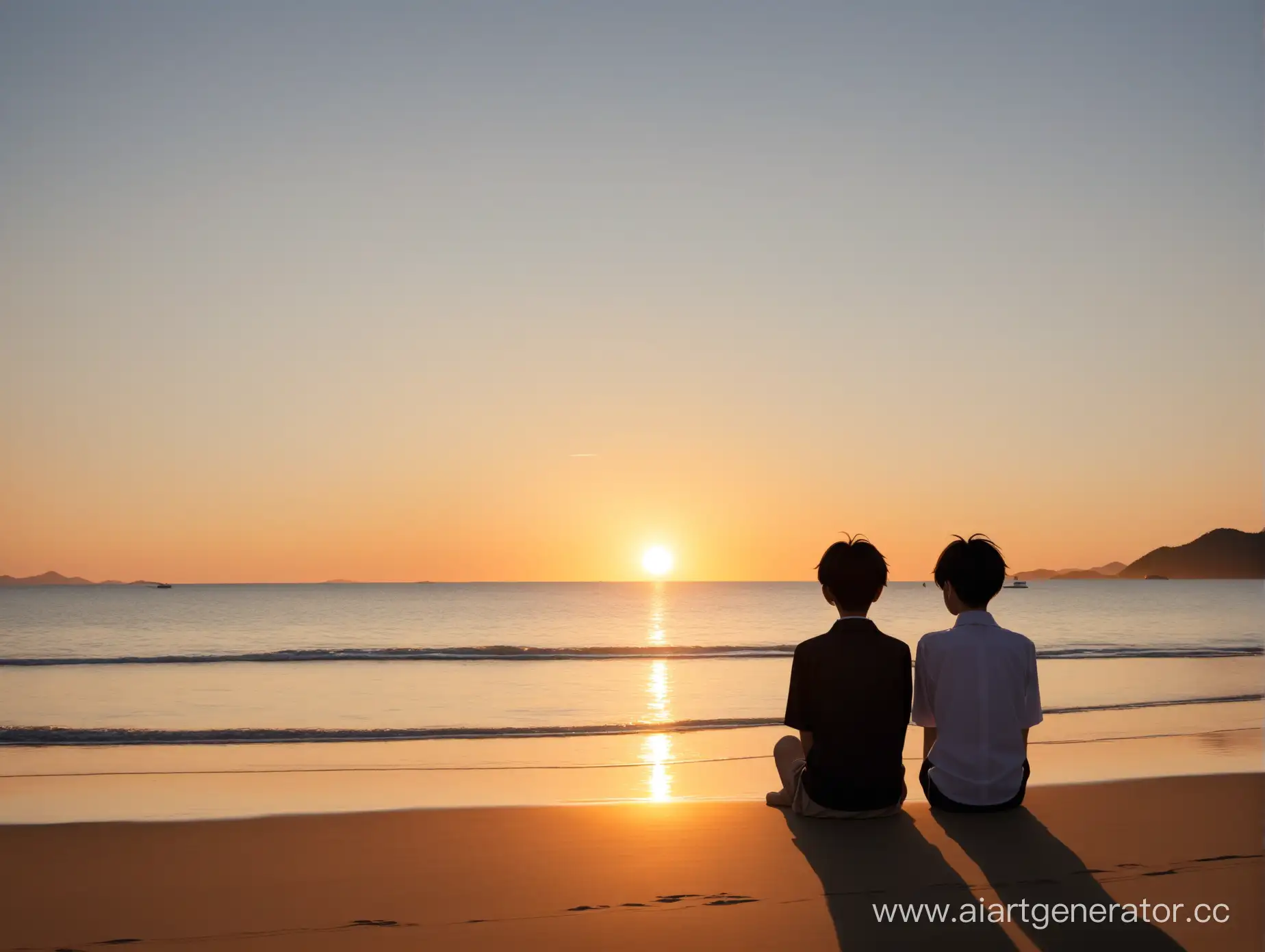 Japanese-Schoolboys-Relaxing-on-a-Tranquil-Beach-at-Sunset