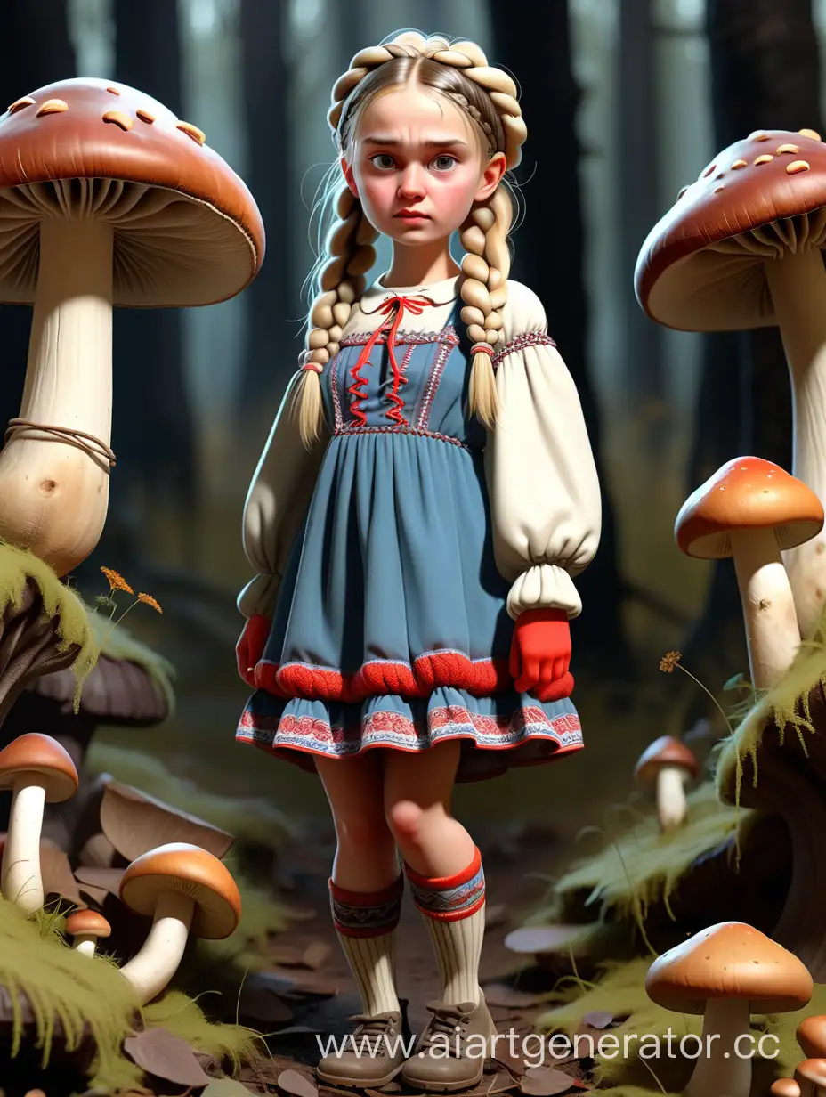 Girl-in-Traditional-Russian-Costume-Gathering-Mushrooms-Outdoors