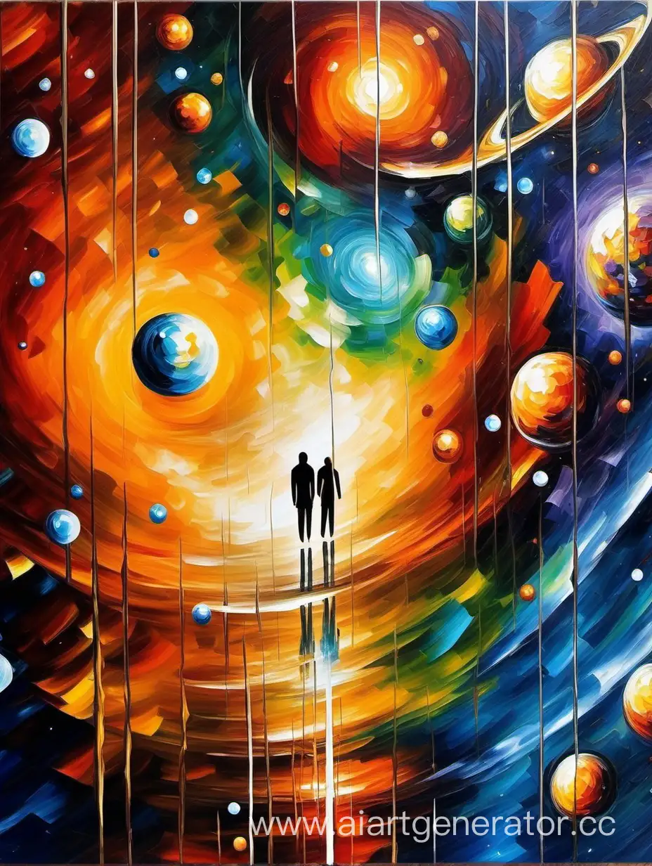 Leonid Afremov style oil painting: close up people surrounded by portals and planets