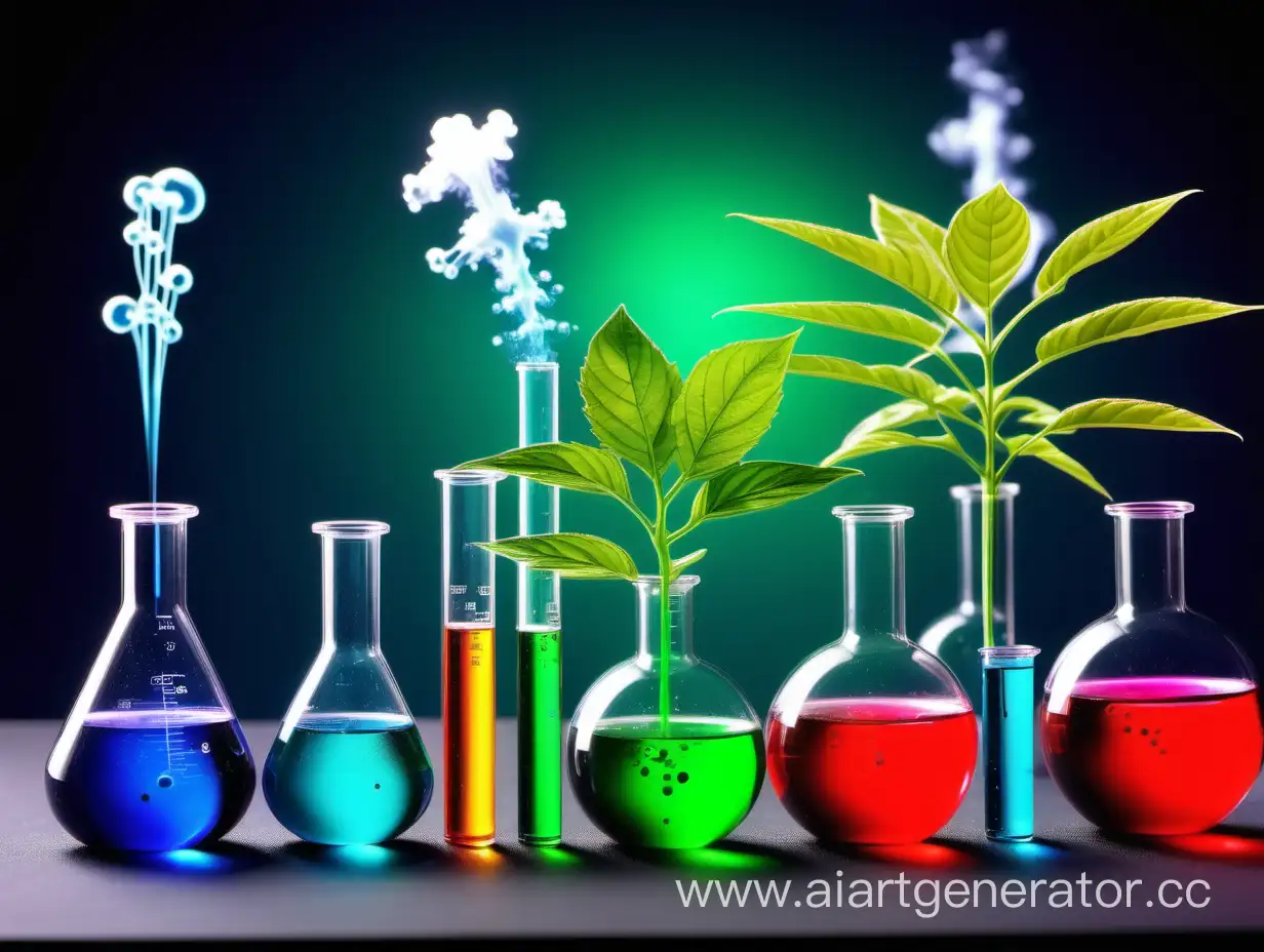 биохимические опыты, растения, молекулы, одноклеточные, колбы, пробирки, взрыв в лаборатории, открытия и изобретения в ярких красках