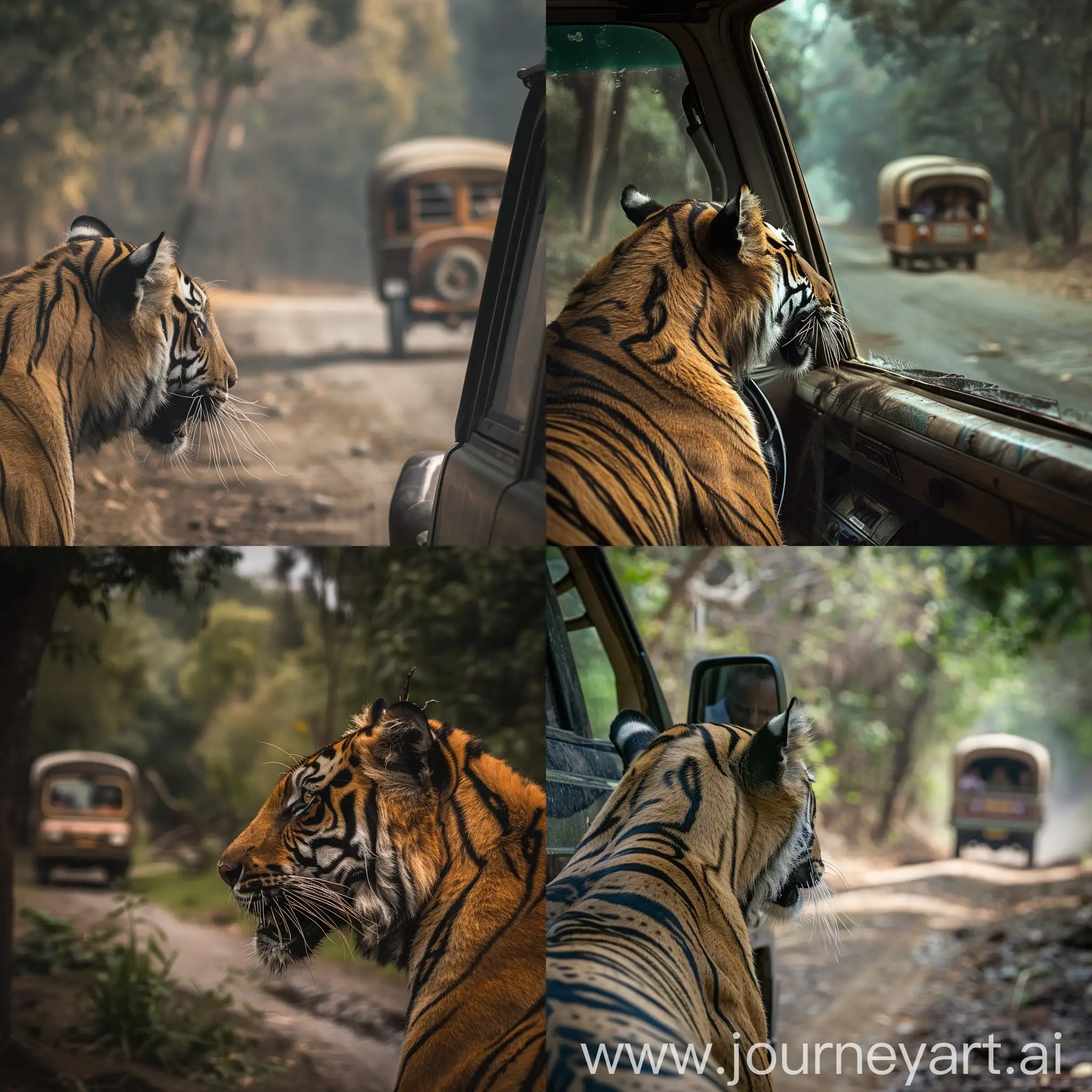 tiger looking at a gypsy car coming from a turn and heads to the jungle