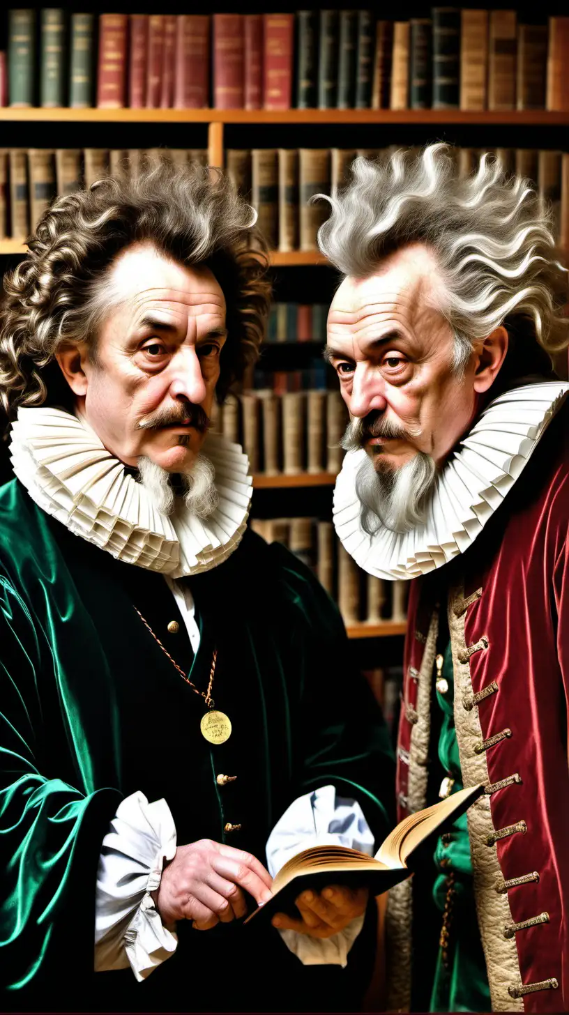 A color profile photo of two old male poets with large swirling hair and camp attire, pompous, set in 1590 in a library
