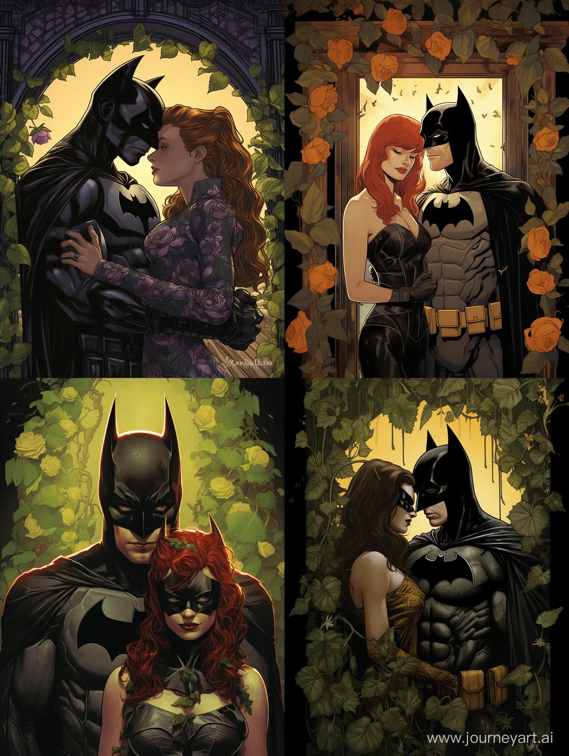 Four-frame comics, children's drawing style, Batman is locked in jail and his love, poison Ivy breaks him out. They get married and live happily ever after