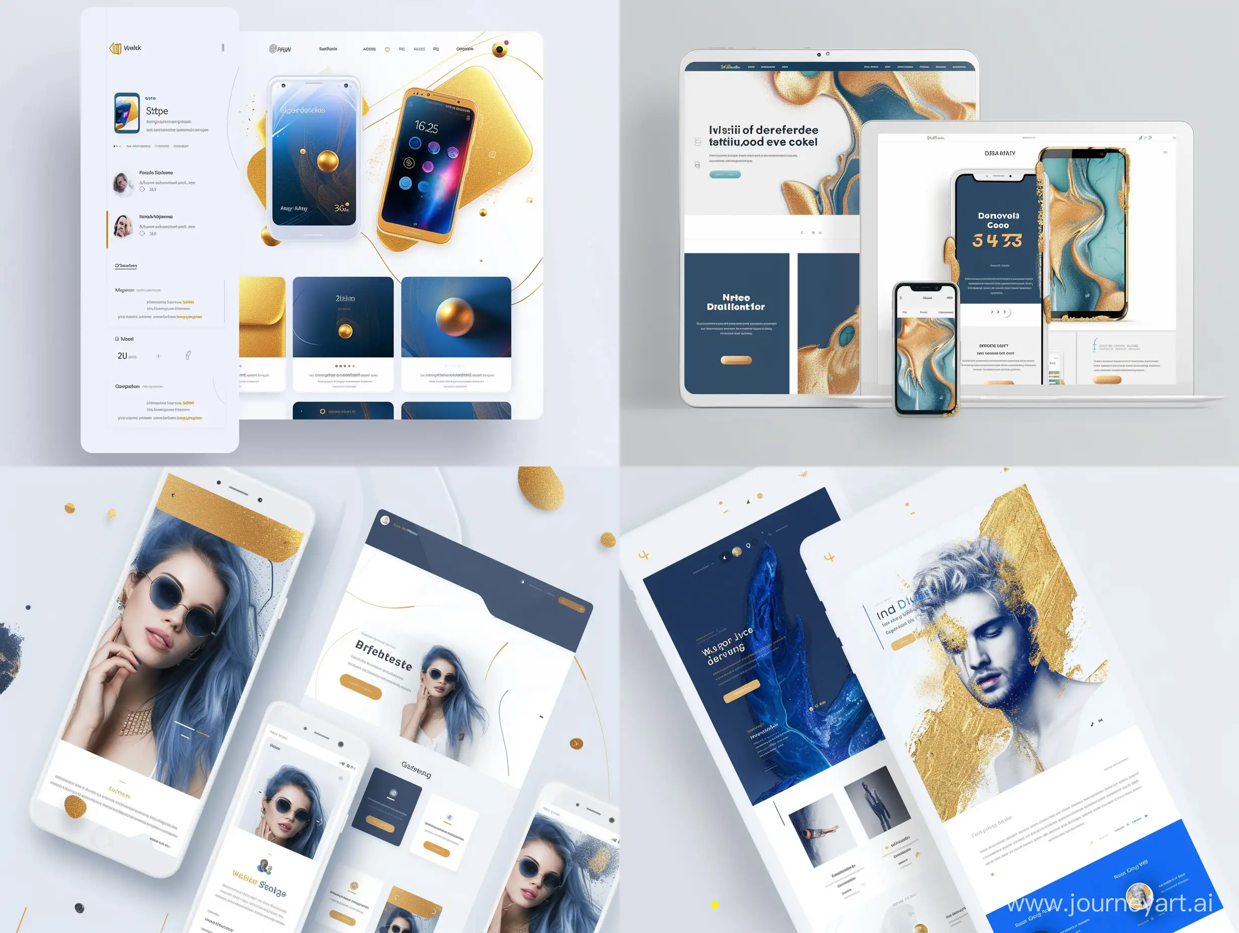 A Portfolio Website design for the web Android developer white theme with gold and blue colours attractive UI --v 6 --ar 4:3 --no 44808