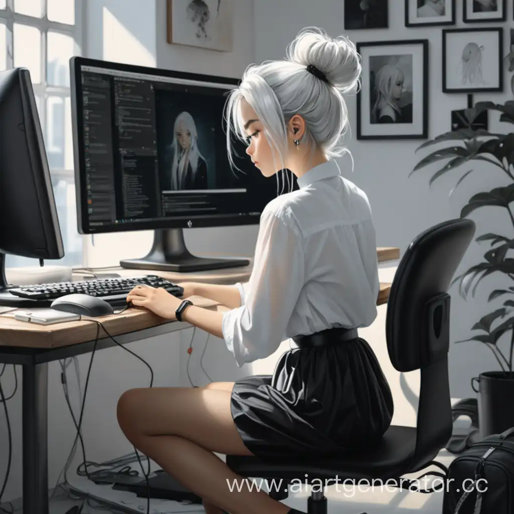 Девушка в белой рубашке и чёрной юбке сидит за компьютером, её белые волосы собраны в не аккуратный пучок 
