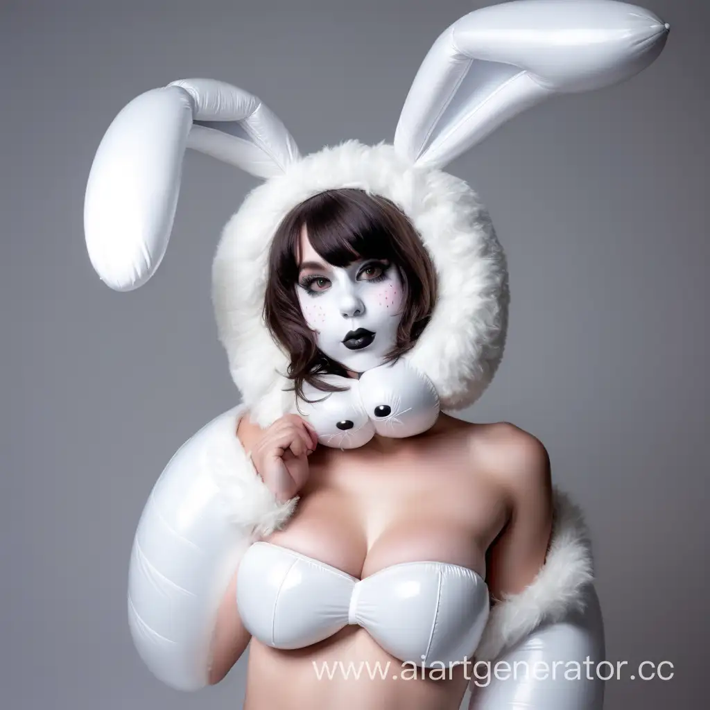 Латексная девушка фурри кролик в надувном костюме кролика с белой латексной кожей с мордой кролика вместо лица