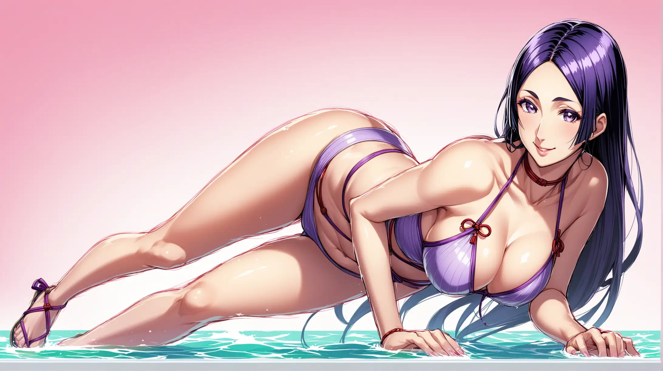 Draw the character Minamoto no Raikou, high quality, standing in a seductive pose, wearing a swimsuit, leaning forward, smiling at the viewer