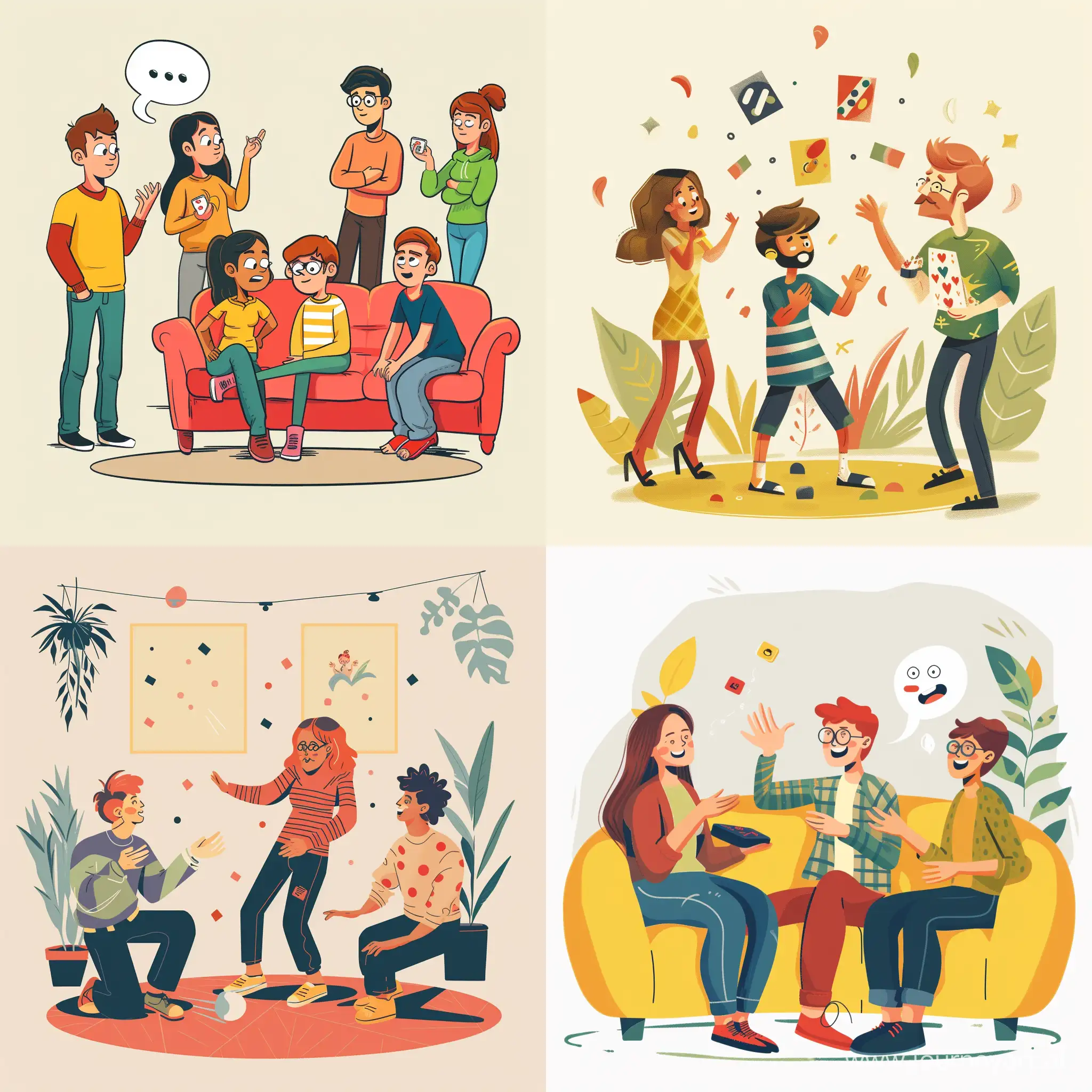 illustration, persons playing charades game
