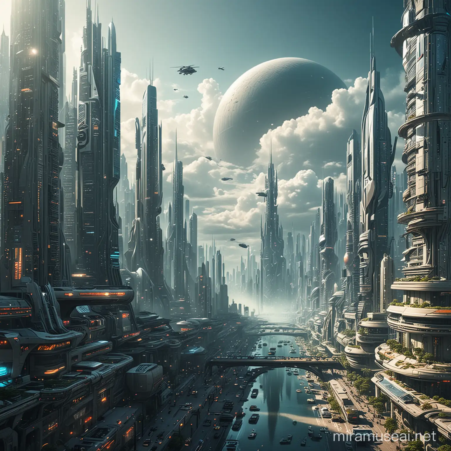 Futuristic Cityscape with Skyline and Technological Marvels