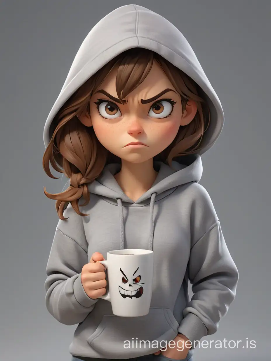 Sad girl in cartoon style, an evil angry arrogant face, with a white ceramic mug of coffee in his hand, Wearing a grey hoodie, jeans, sneakers, half-body shot, the modest pose of the model,  maximum detail, best quality, HD, gorgeous light and shadow, detailed design, 3D quality
