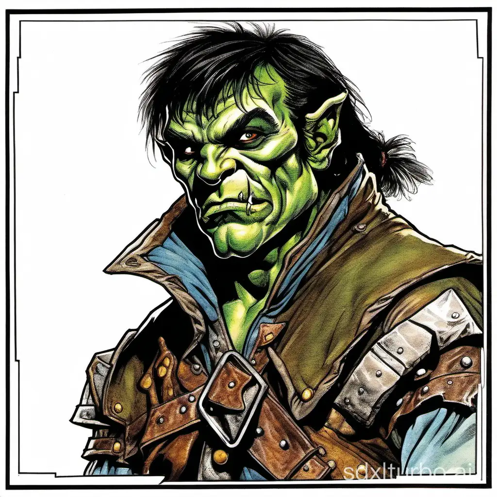 a half-orc rogue, isolated on white, black border, style of 1978 dungeons and dragons, by David A. Trampier,