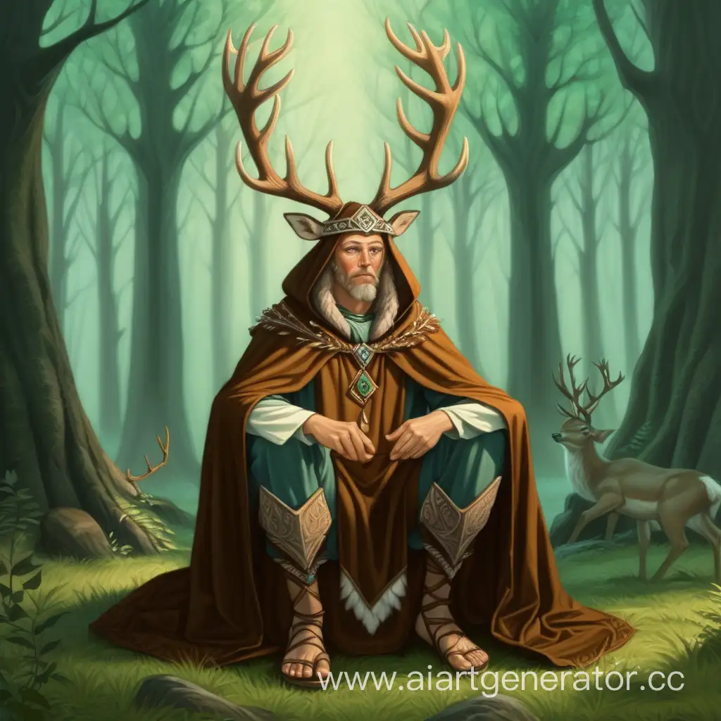 друид с рогами оленя на голове сидящий на коленях в лесу в накидке 