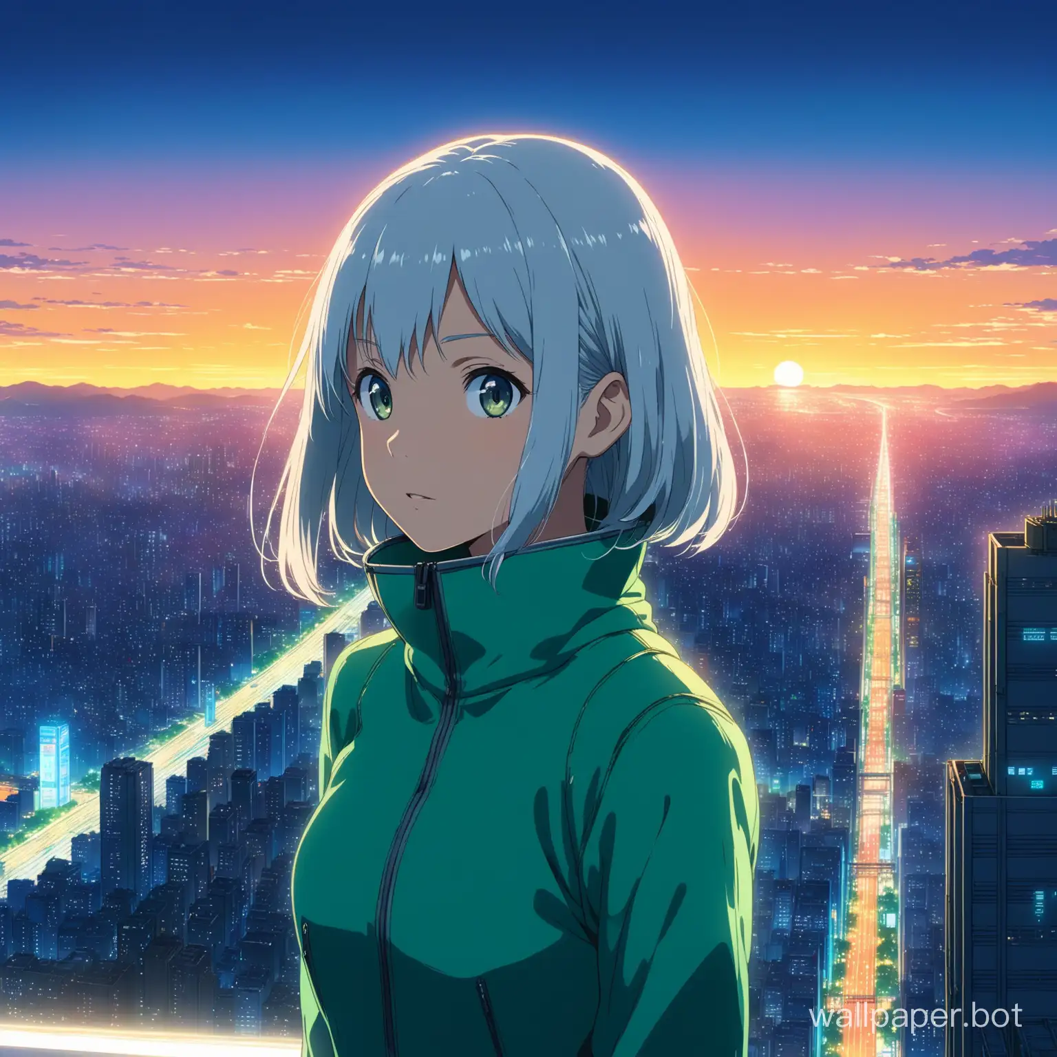 portrait of a mysterious anime girl with silver hair, in a sleek futuristic suit, atop a neon-lit skyscraper overlooking the city, neon lighting from billboards, high angle overlooking the cityscape, landscape illustration, anime key visual by Makoto Shinkai and Studio Ghibli, 32k UHD.