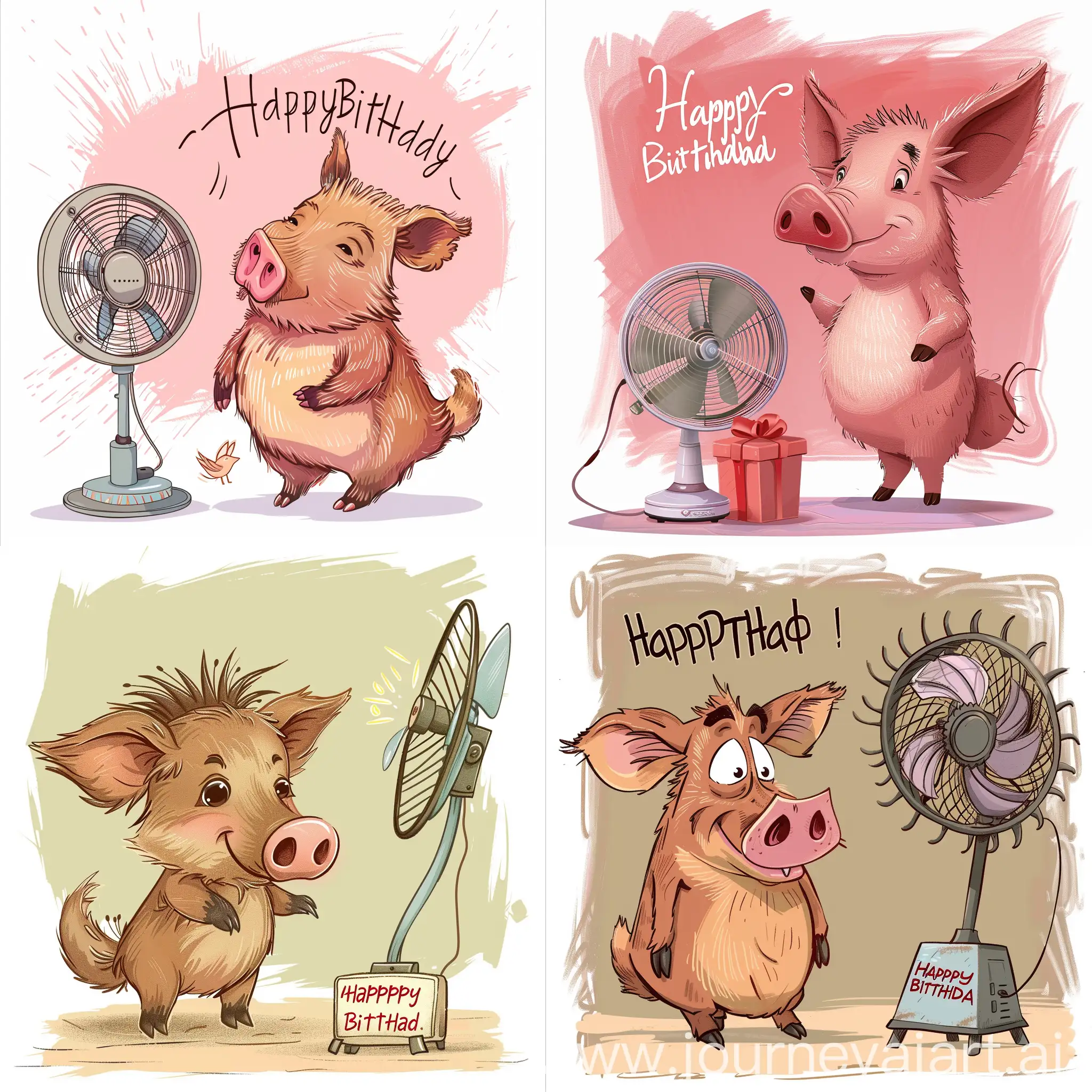 Cheerful-Young-Boar-Celebrates-Birthday-with-Electric-Fan-Gift