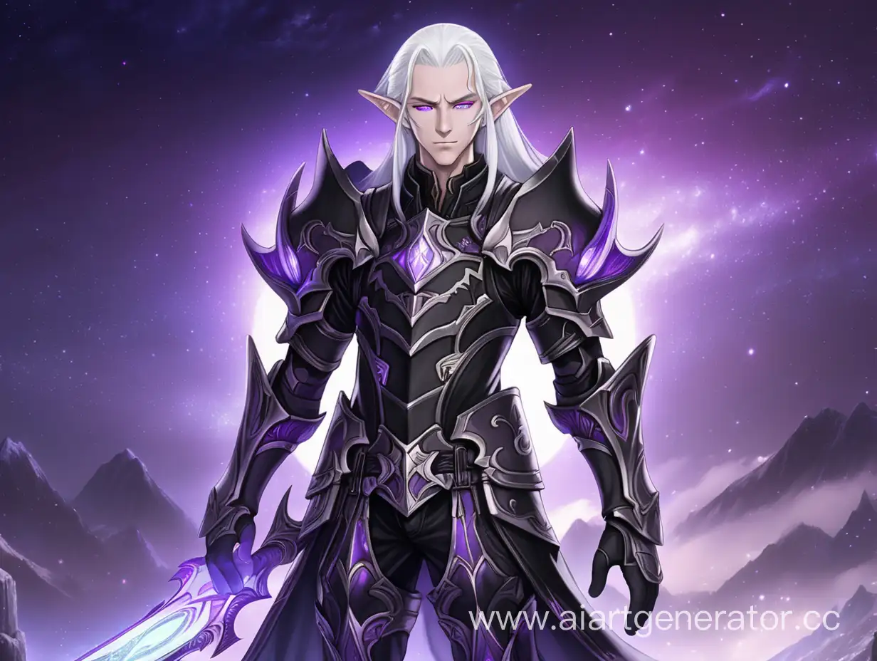 Mystical-Anime-Warrior-with-White-Hair-Glowing-Purple-Eyes-and-Elven-Features-in-Black-Armor